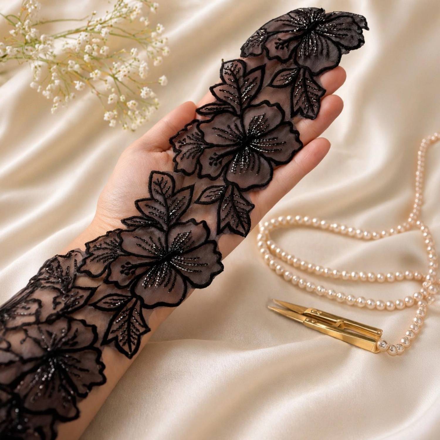AKSHALI Organza Black Premium Sequence Embroidery Organza Lace Border (3 Mtr) Lace Reel