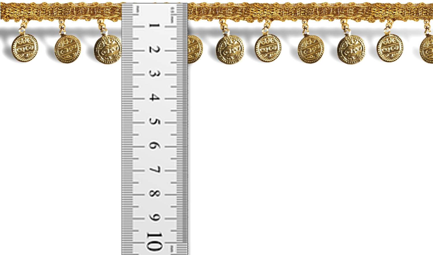 Image of Stylewell CWG0414-01 (3cm X 8.5 Mtr) Golden Coin /sikka Hanging Latkan Fringe Gota Trim Lace Border Lace Reel
