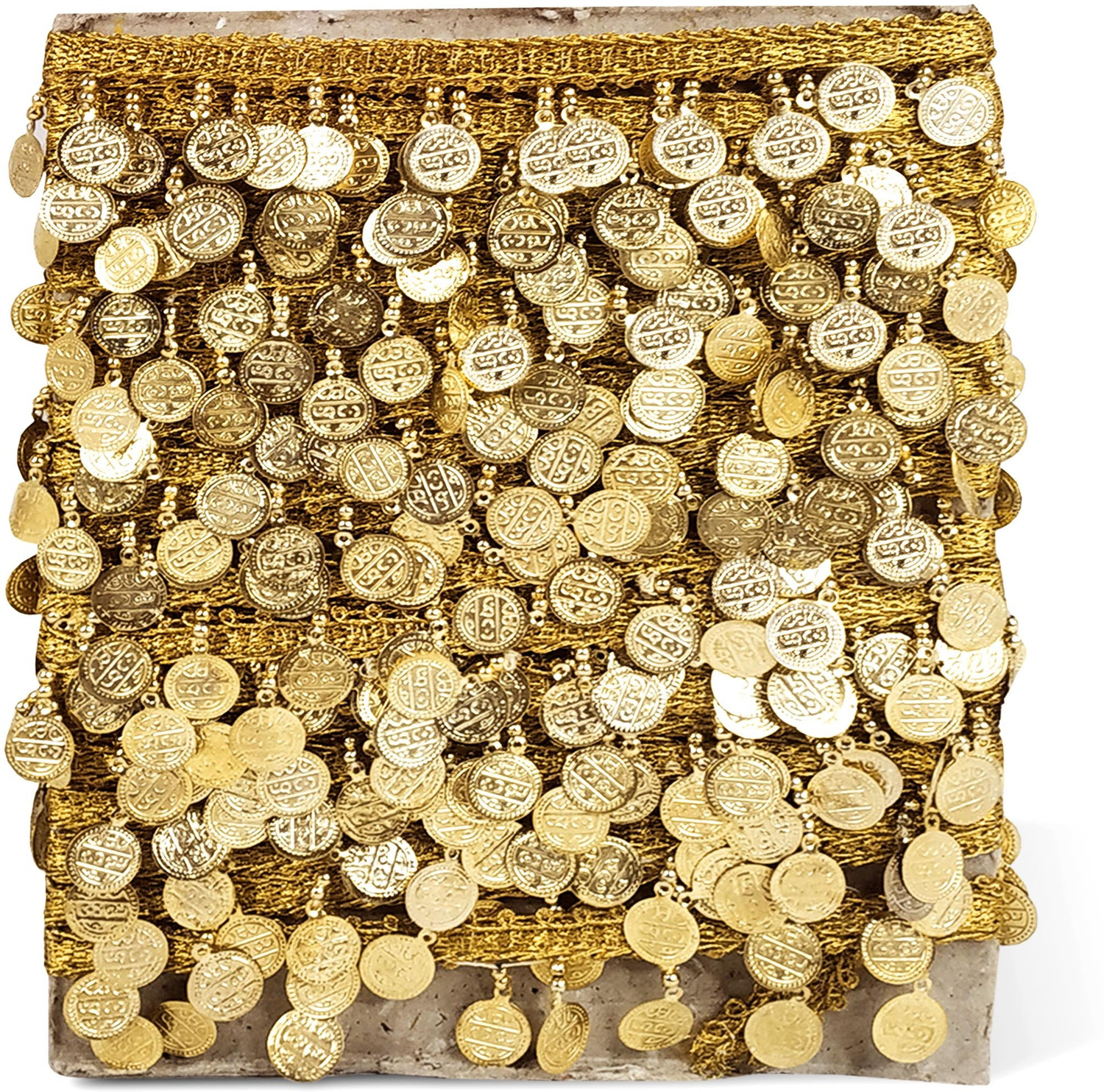 Image of Stylewell CWG0414-01 (3cm X 8.5 Mtr) Golden Coin /sikka Hanging Latkan Fringe Gota Trim Lace Border Lace Reel