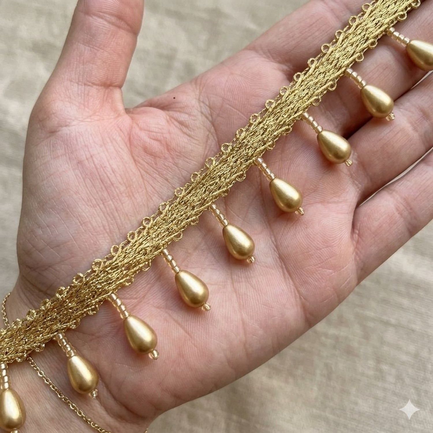 Image of DIVARA DIVARAGolden hanging pearl 4050(pack of 4meter) With Beautiful design , used in saree , suit, and many more purpose. Lace Reel