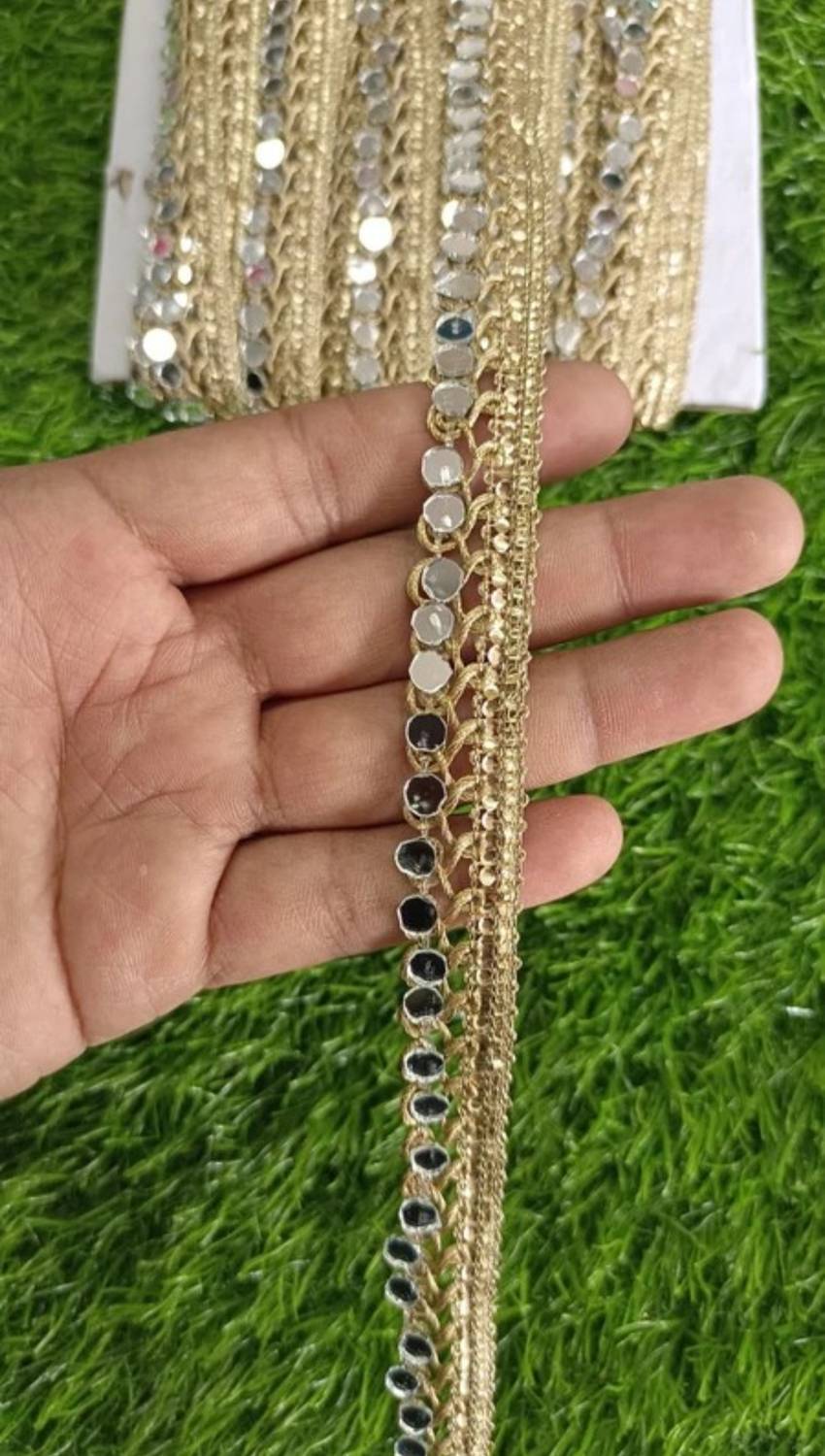 Antic Water Gold ( pal) colour Miror Lace 8 meter Classy Miror Jalebi Lace | 8 To 9 m Lace Reel