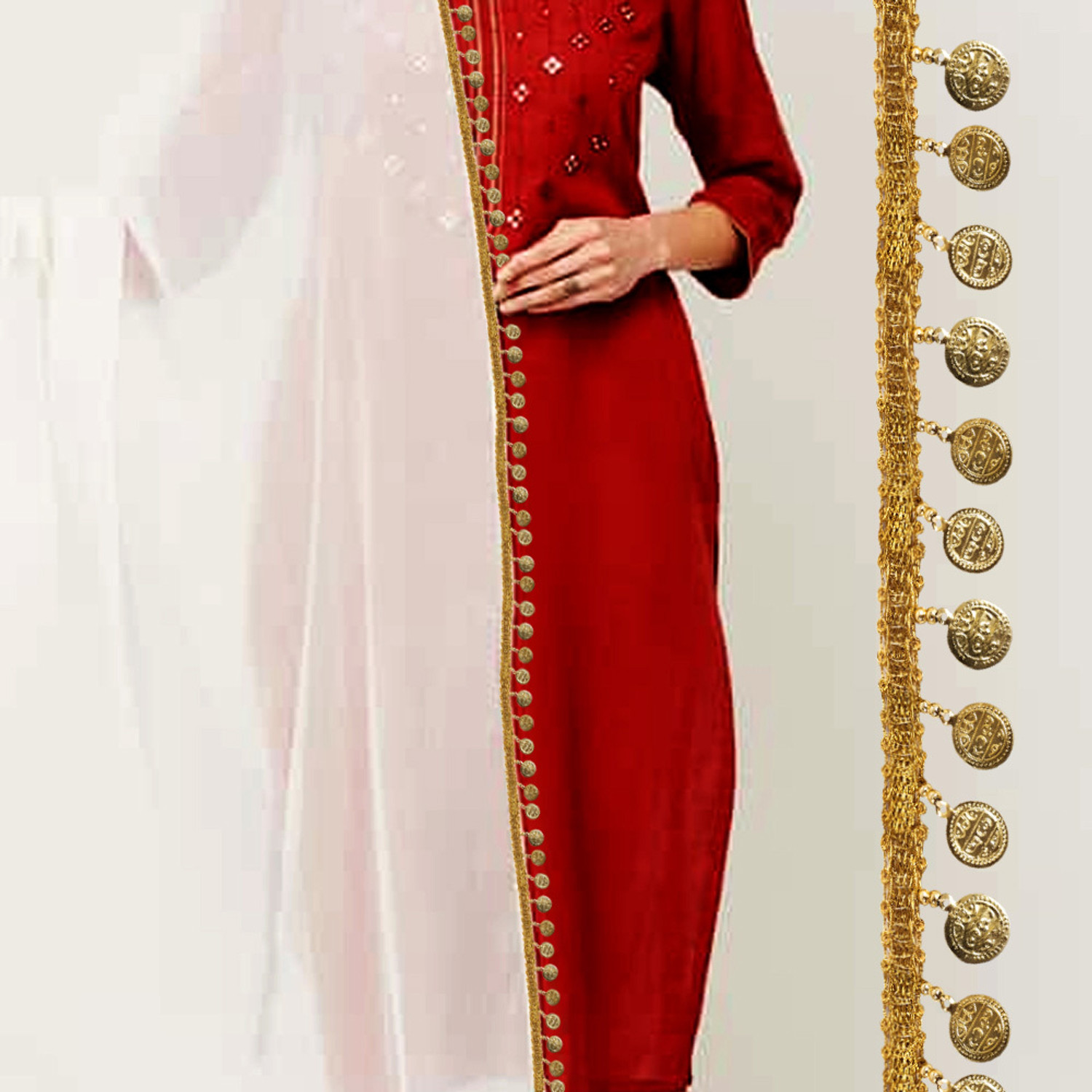 Image of Stylewell CWG0414-01 (3cm X 8.5 Mtr) Golden Coin /sikka Hanging Latkan Fringe Gota Trim Lace Border Lace Reel