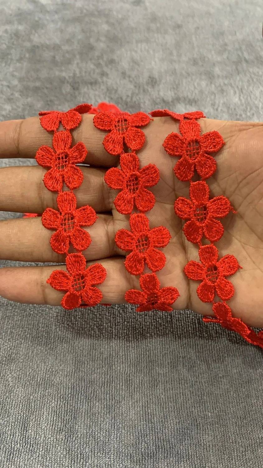 AKSHALI Red-Flower Flower Gpo Lace Border Reel for Saree,Dress,Kurtis,Dupatta,Craft,Suit (5 Mtr) Lace Reel