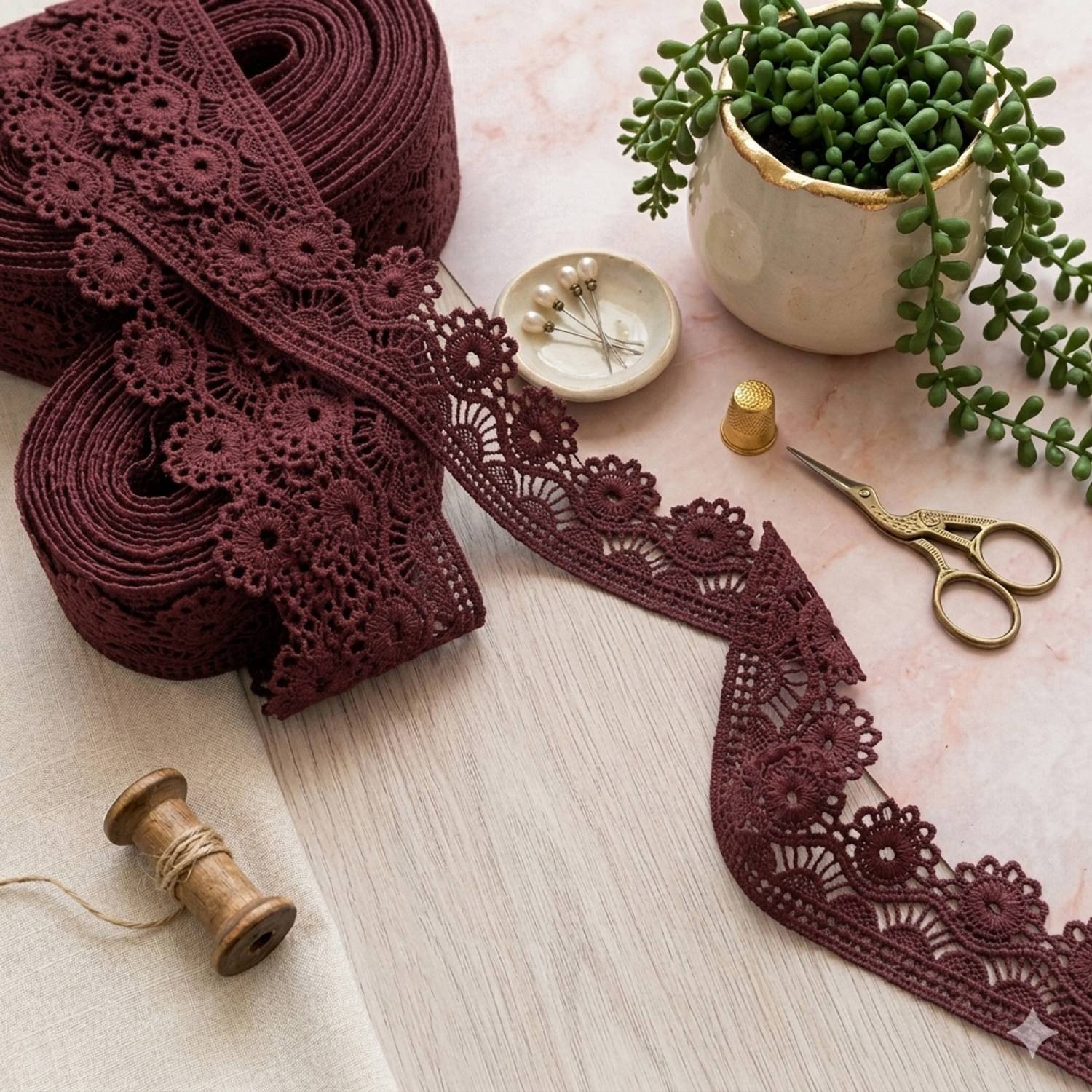 Febroidery Dark Maroon colour sunrise flower design 4.5 Meters(Width:1.5 Inch) Lace Reel