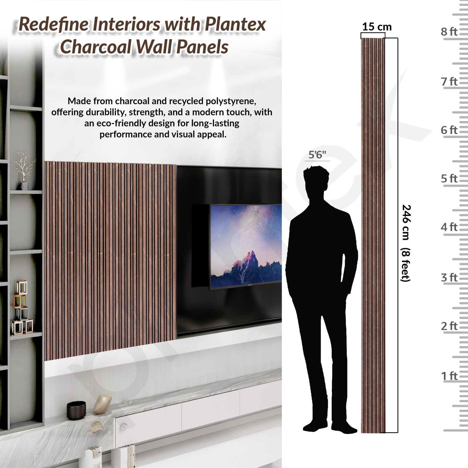 Image of Plantex Wall Panels /Louvers Panel for Wall 8 Feet /Charcoal Panel for Interior Wall Decor Laminates