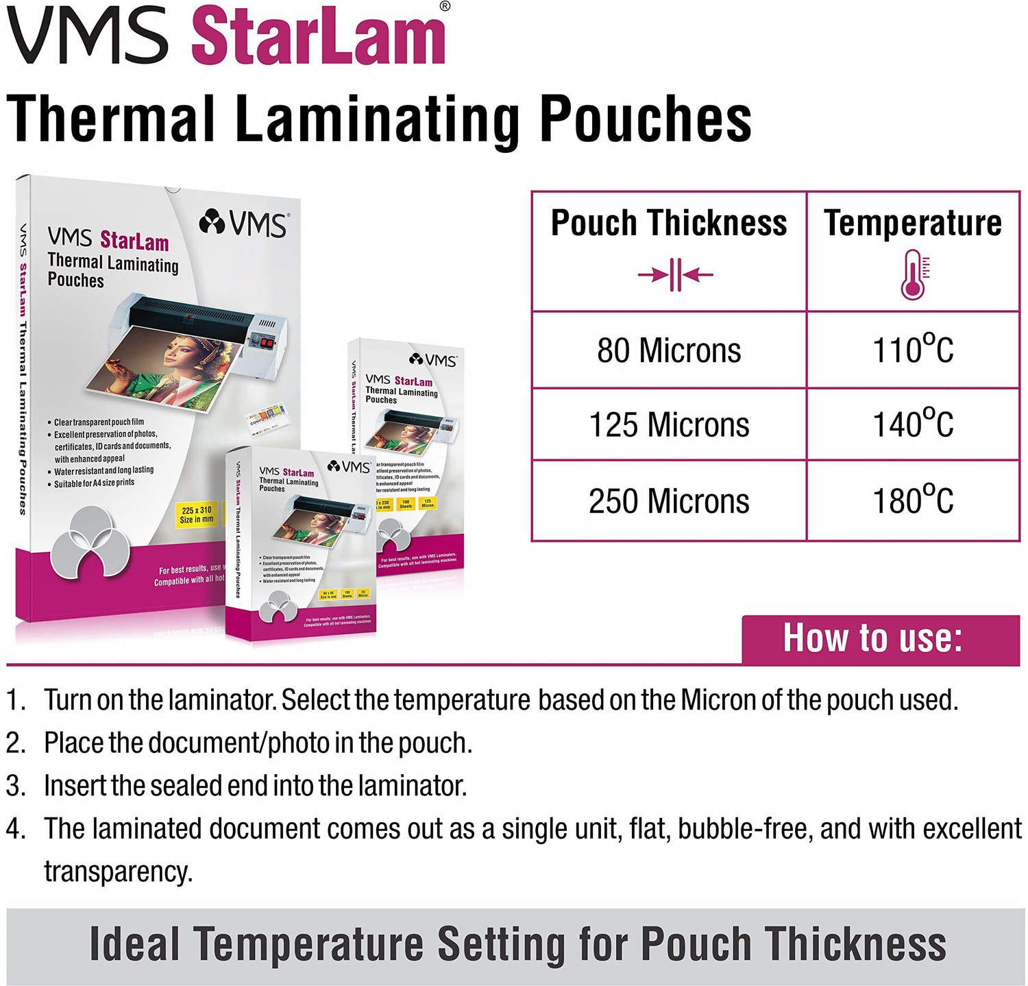 Image of VMS Starlam A4 Lamination Pouch 225mmx310mm 125 Micron for Document and Certificate A4 Laminating Sheet