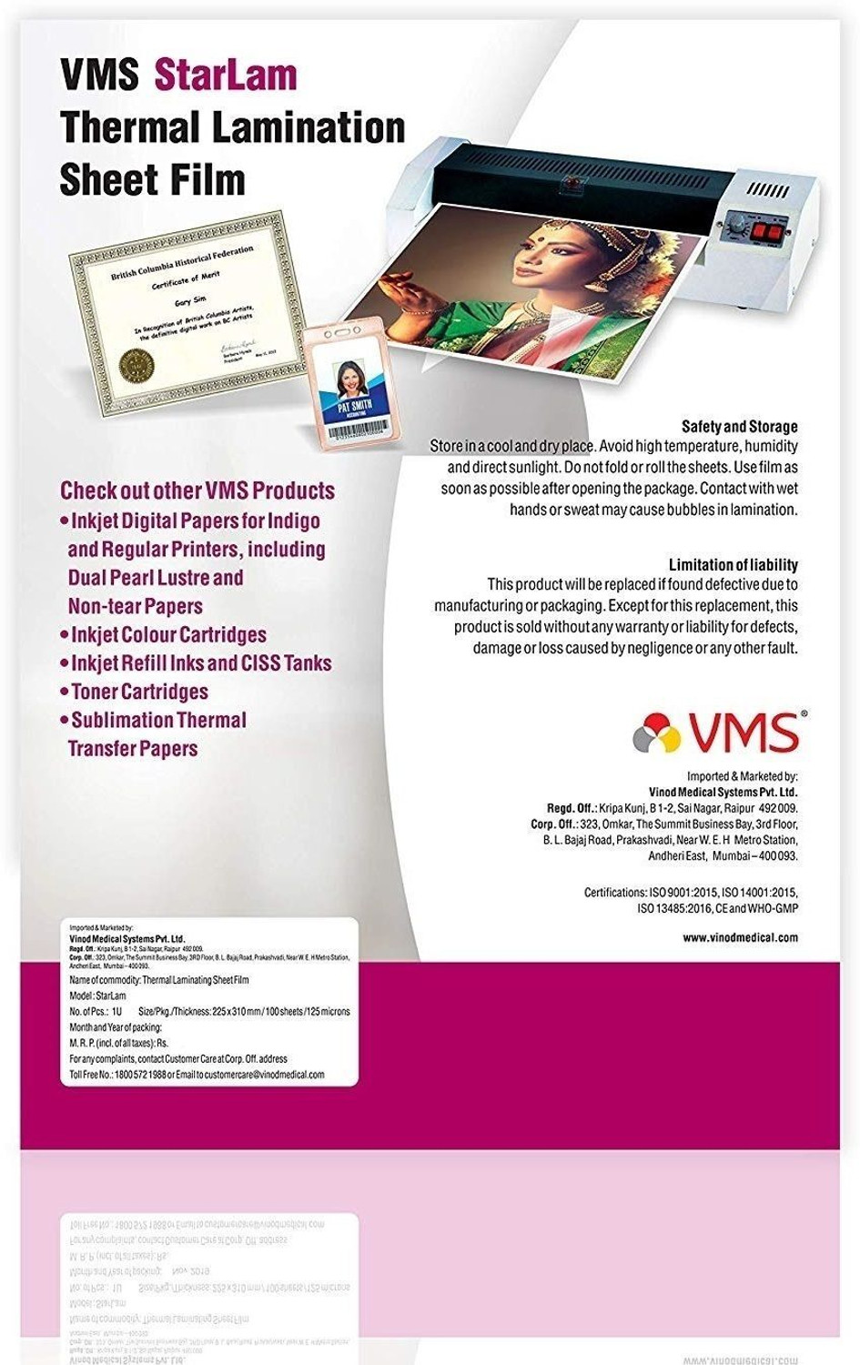 Image of VMS Starlam A4 Lamination Pouch 225mmx310mm 125 Micron for Document and Certificate A4 Laminating Sheet