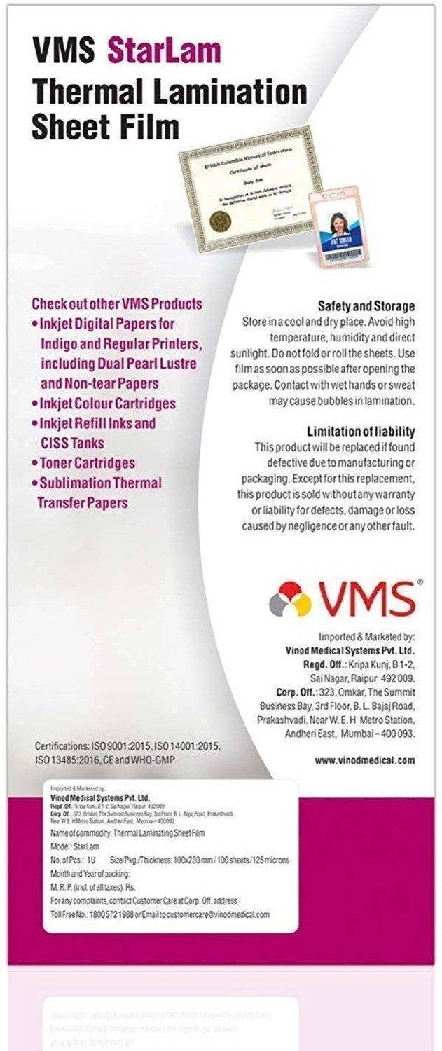 Image of VMS Starlam Thermal Lamination Pouch 100mmx230mm 125 Micron ID Badge Laminating Sheet