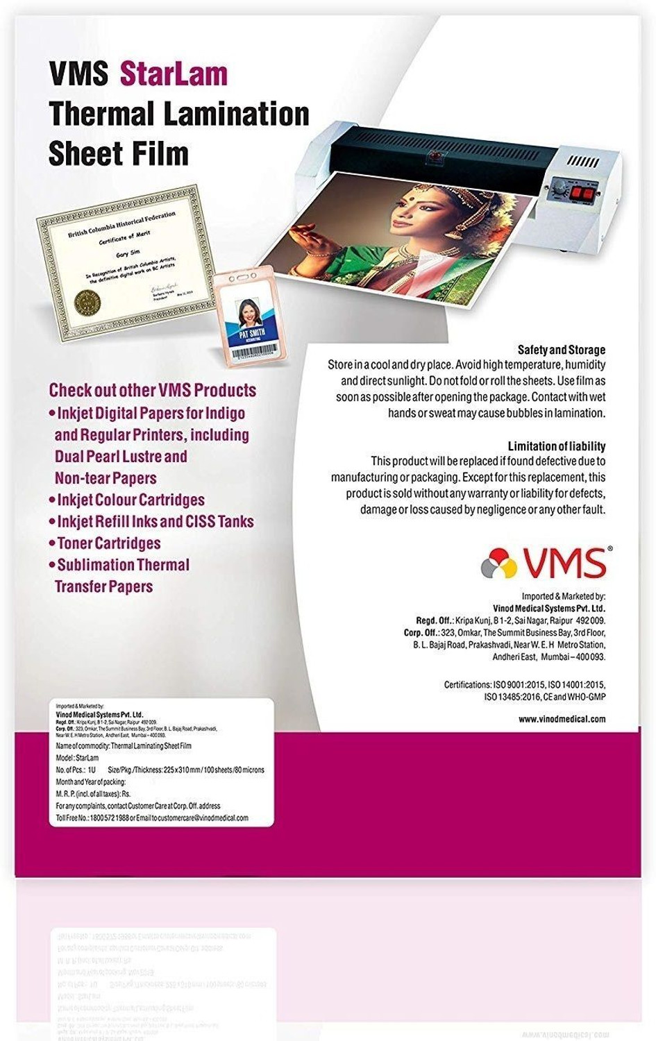 Image of VMS Starlam Thermal A4 Lamination Pouch 225x310mm 80 Micron for Document and Certificate A4 Laminating Sheet