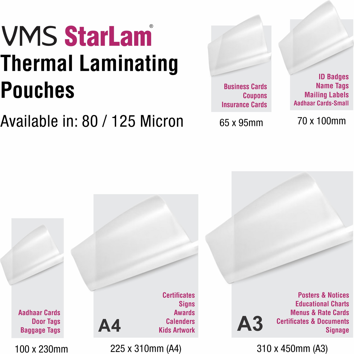 Image of VMS Starlam A4 Lamination Pouch 225mmx310mm 125 Micron for Document and Certificate A4 Laminating Sheet