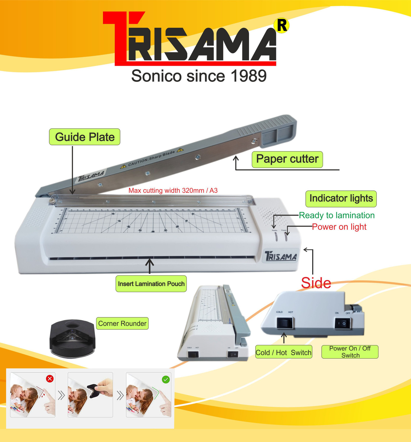 Image of TRISAMA A3 /A4 /A5 /A6 /ID CARD Size Multi Use Laminator with Paper Cutter & Corner Rounder 13 inch Lamination Machine