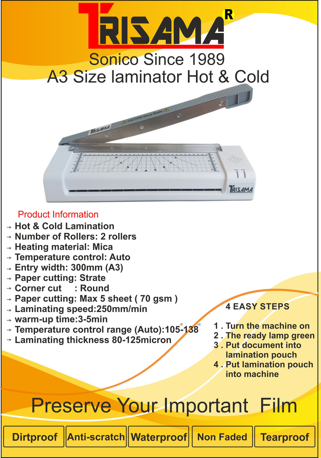 Image of TRISAMA A3 /A4 /A5 /A6 /ID CARD Size Multi Use Laminator with Paper Cutter & Corner Rounder 13 inch Lamination Machine