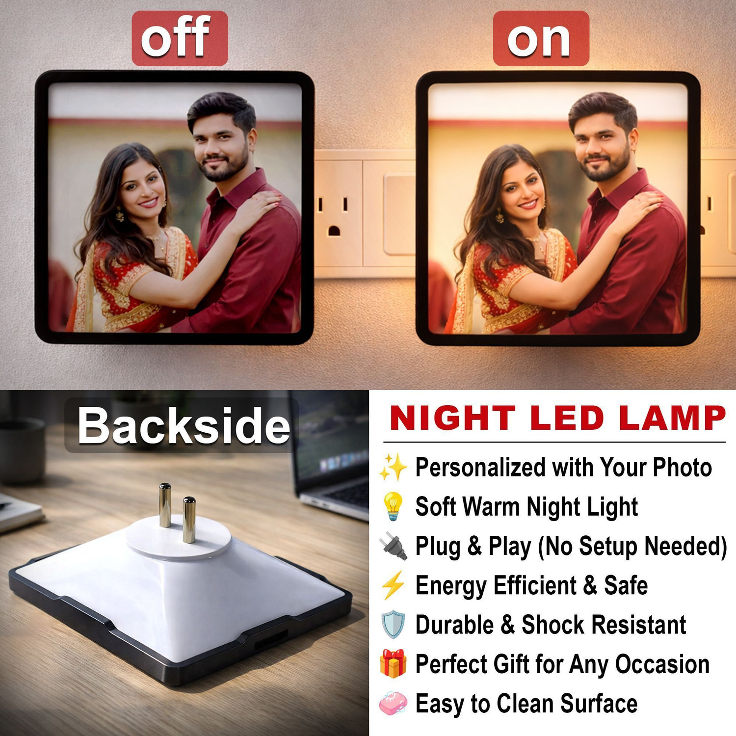 Image of PiyushFrame Customized Photo LED Night Lamp 4x4 Inch | Anniversary Birthday Gift for Couples Wall Lights Lamp Shade
