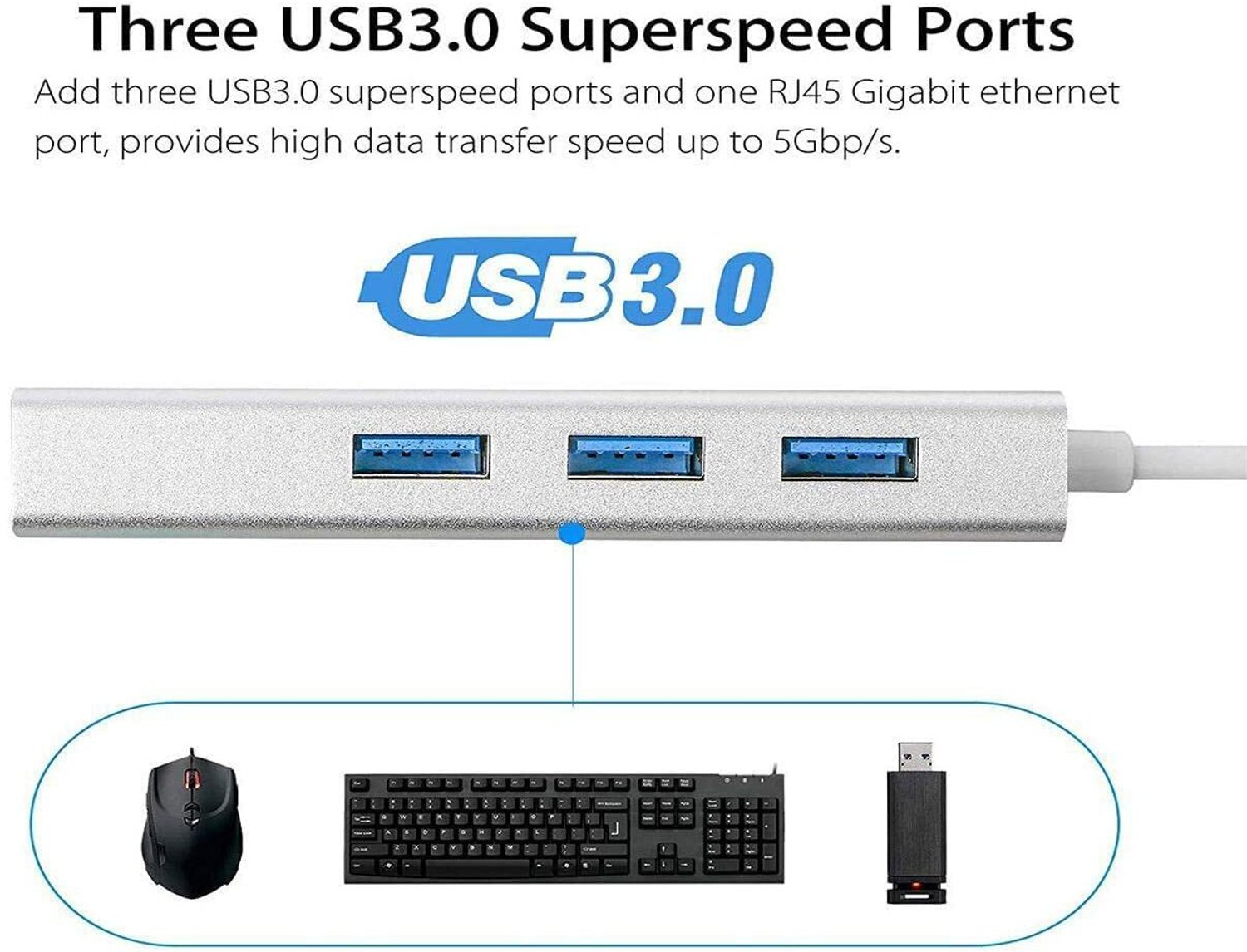 Image of VOOCME USB 3.0 to RJ45 Ethernet LAN Adapter with 3 Port USB Hub - Silver Wired USB Lan Adapter compatible with Mac