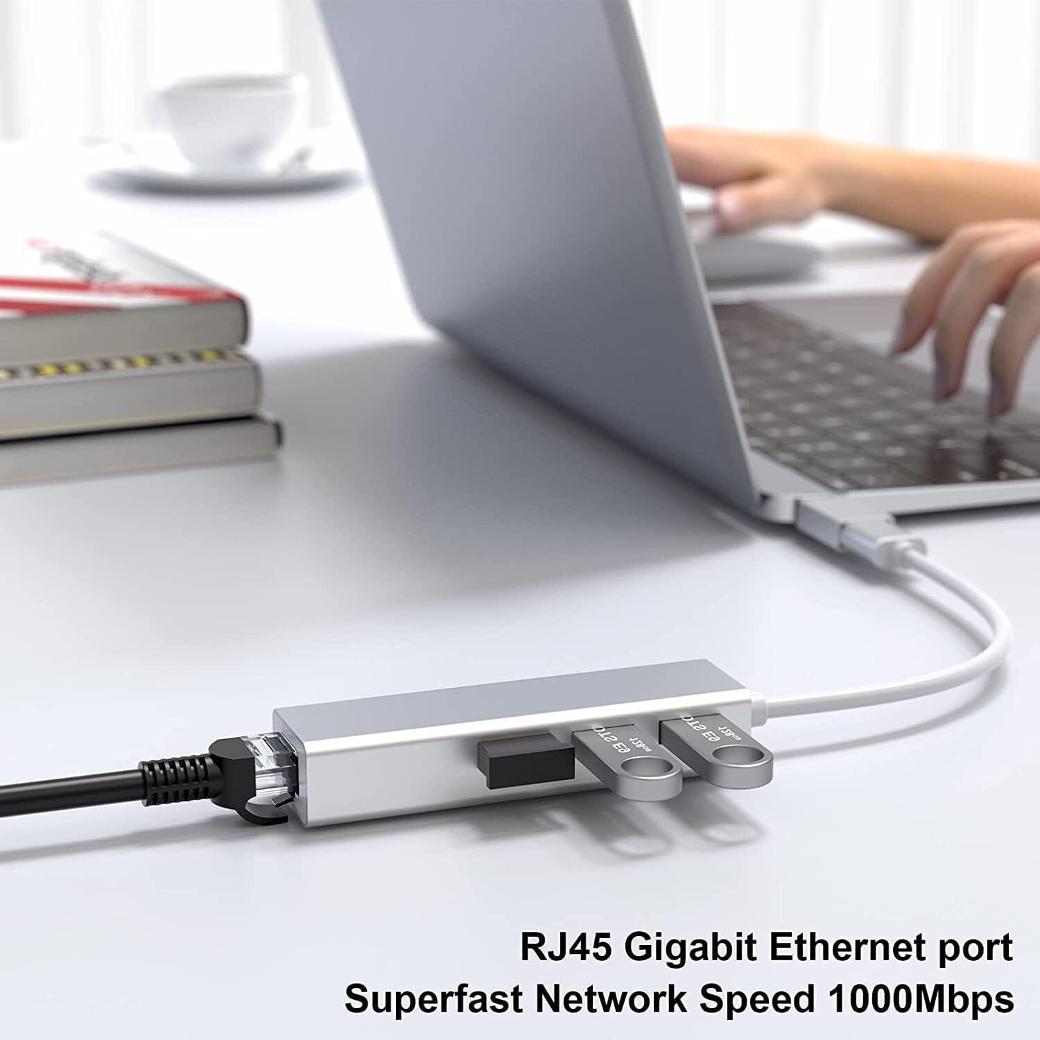 Image of VOOCME USB 3.0 to RJ45 Ethernet LAN Adapter with 3 Port USB Hub - Silver Wired USB Lan Adapter compatible with Mac