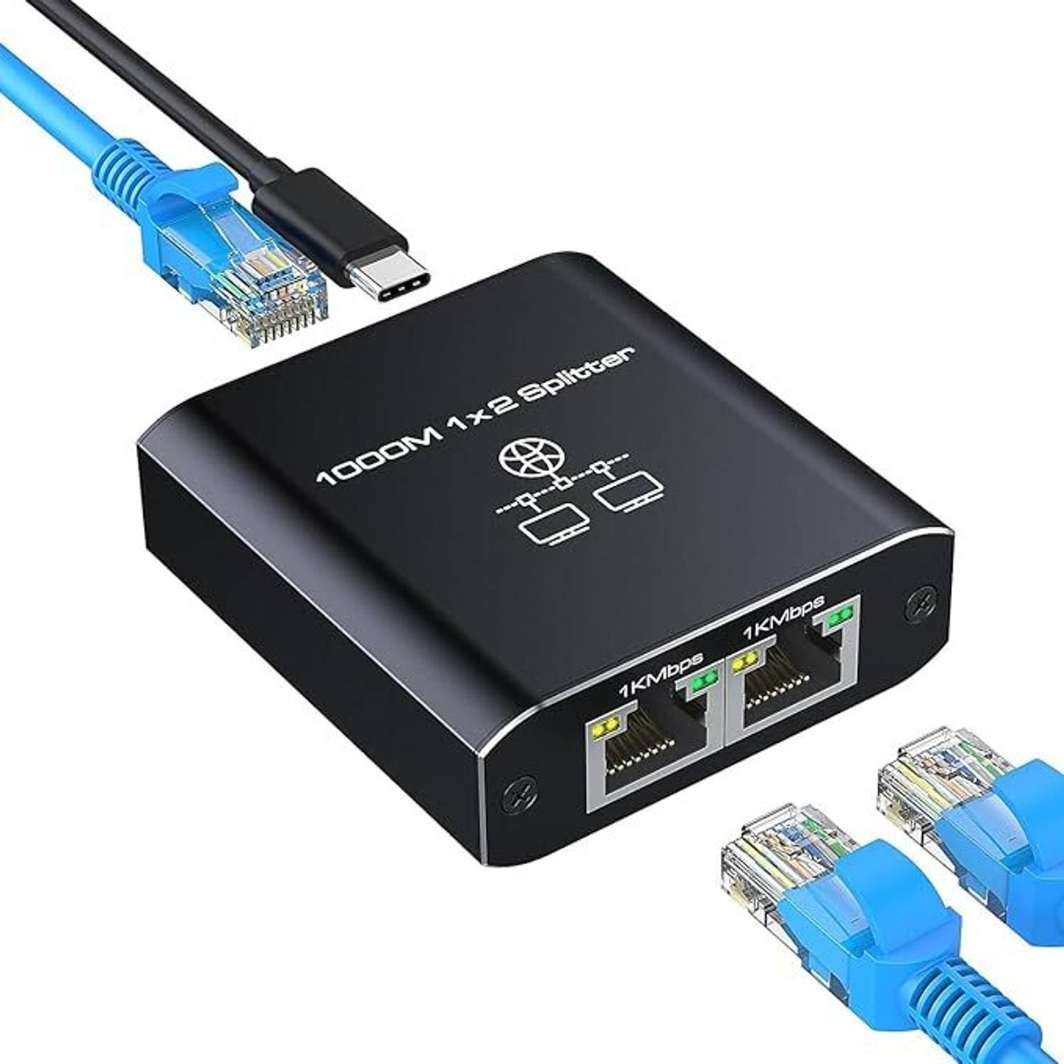 VOOCME 1x2 Gigabit RJ45/Network CAT 5/6/7/8 1 to 2 Wired Ethernet Lan Adapter compatible with Windows