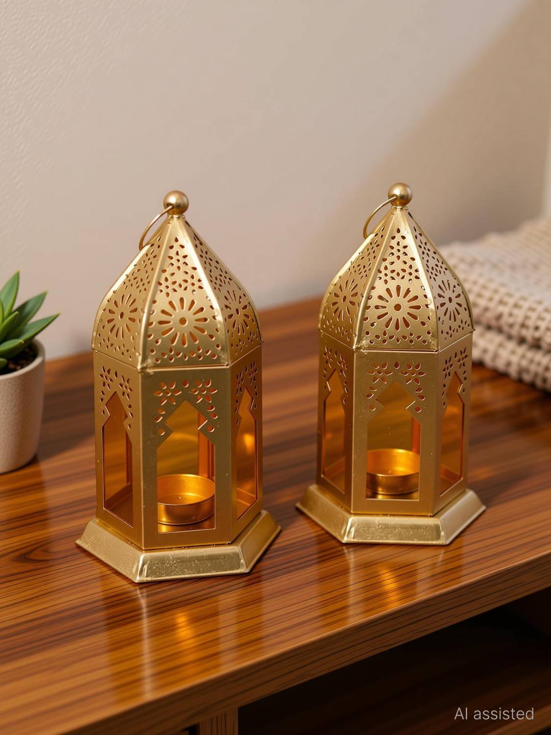 ARRU HANDICRAFT Hanging T-Light Gold, Yellow Iron, Glass Hanging Lantern