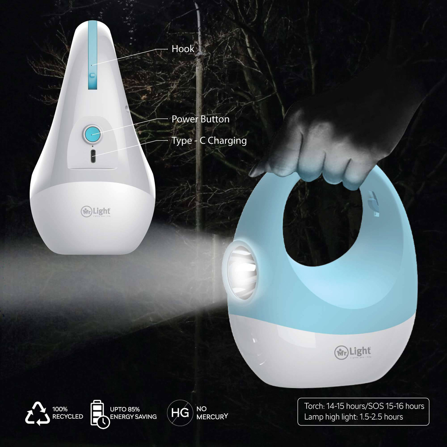 Image of Mr.Light 5-in-1 Rechargeable Emergency Light / Torch ,Li-ion, Type-C, for Gifting Multicolor Plastic Hanging Lantern