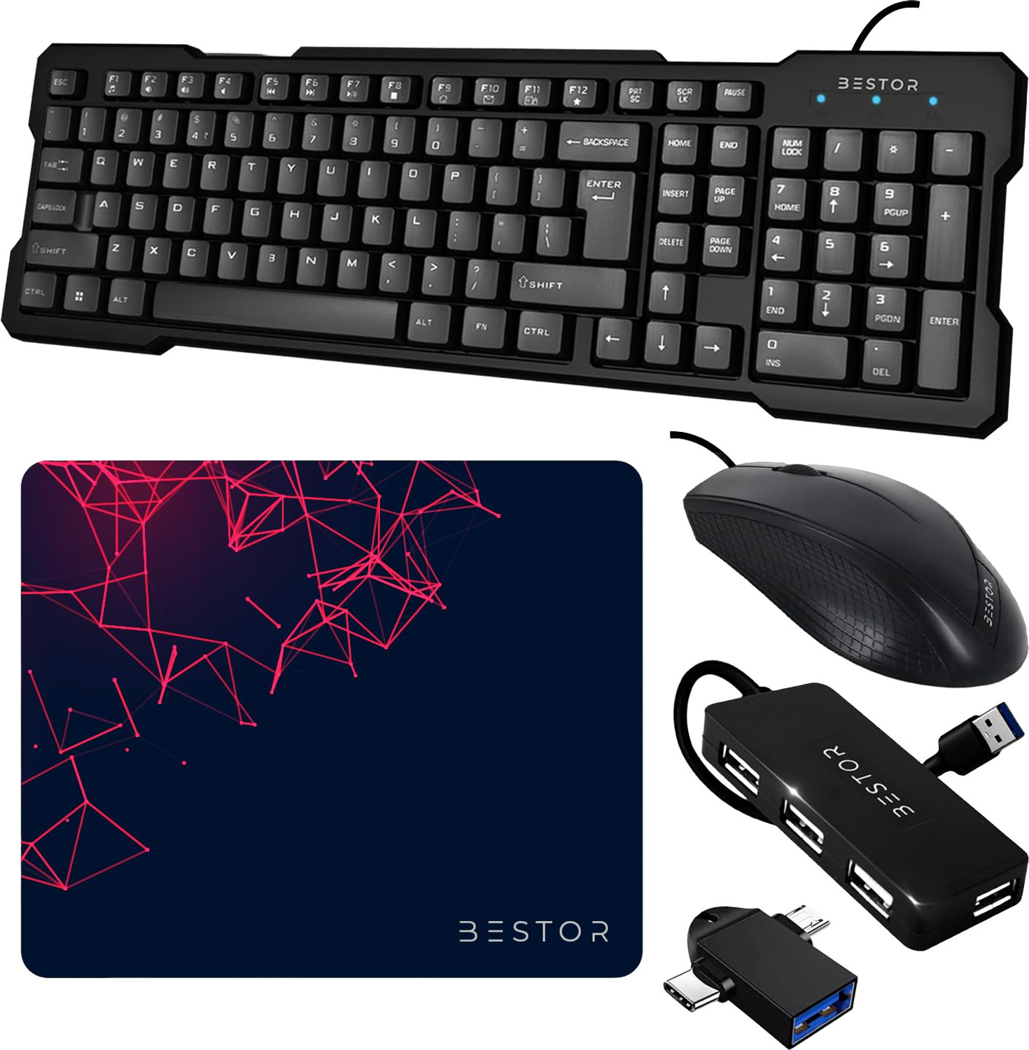 Image of Bestor Set of 5 Combo,USB Wired Keyboard,Wire Mouse,Mouse Pad, Otg Adapter,4port HUB Combo Set