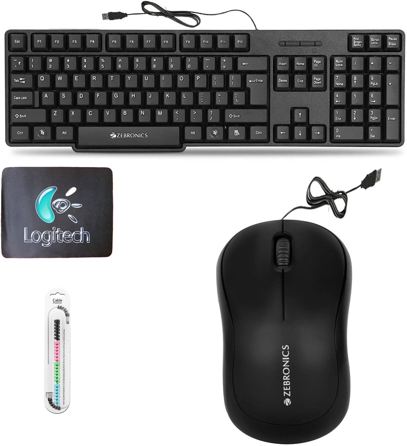 ZEBRONICS K20 Keyboard, Comfort Mouse, MousePad,Cable Protector (Set of 4) Combo Set