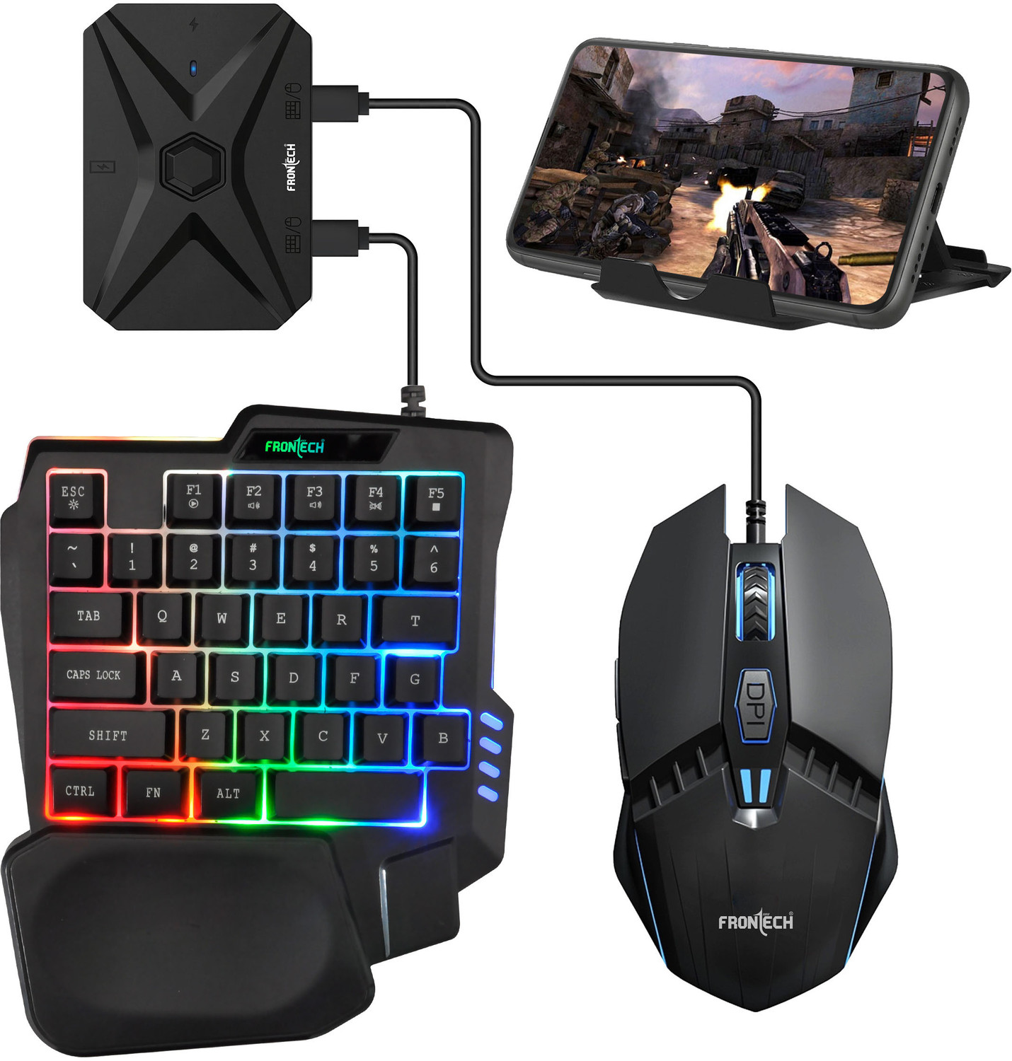 Image of Frontech 4-in-1 Gaming Combo | RGB Keyboard+Mouse+BT Converter+Foldable Mobile Holder Combo Set