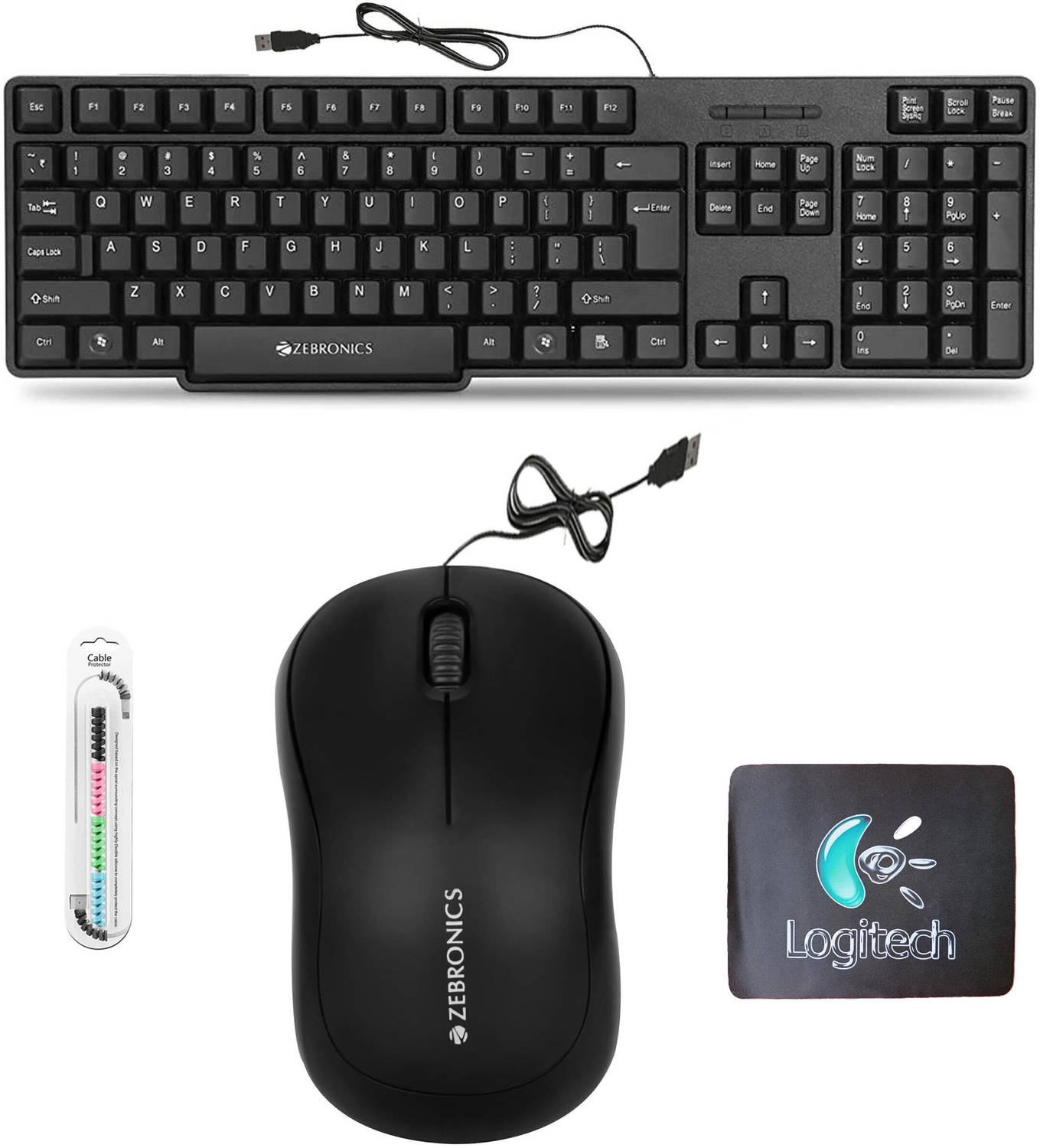 Mophonics K20 Keyboard, Comfort Mouse, MousePad,Cable Protector (Set of 4). Combo Set