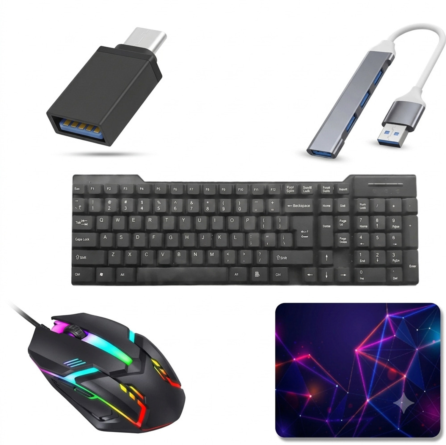 Image of jaivix Combo - Keyboard , RGB Gaming Mouse, Mouse Pad, 4-Port Hub, and Type-C OTG Combo Set