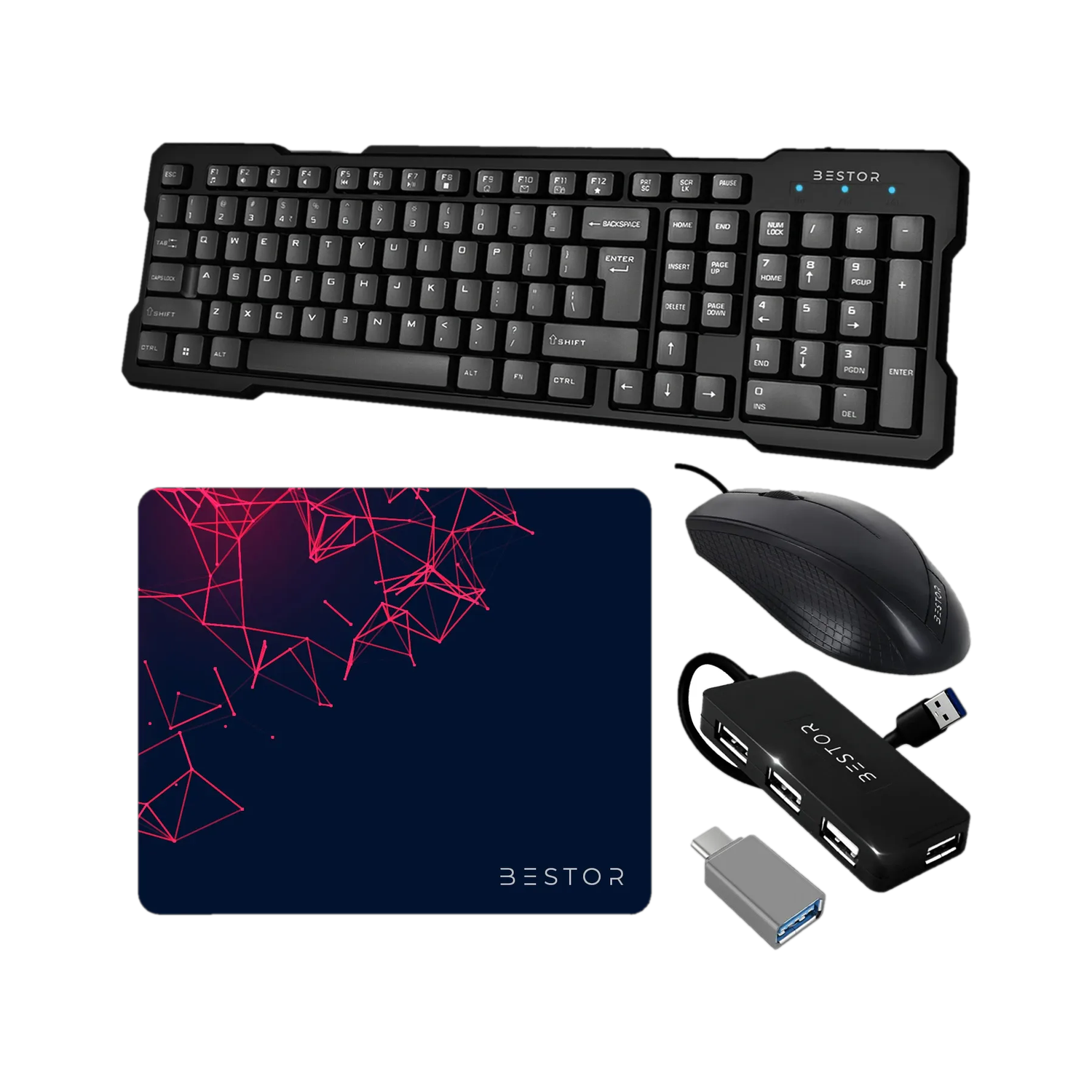 Bestor 5-in-1 Combo: USB Keyboard, Wired Mouse, Mouse Pad, Pack of 5