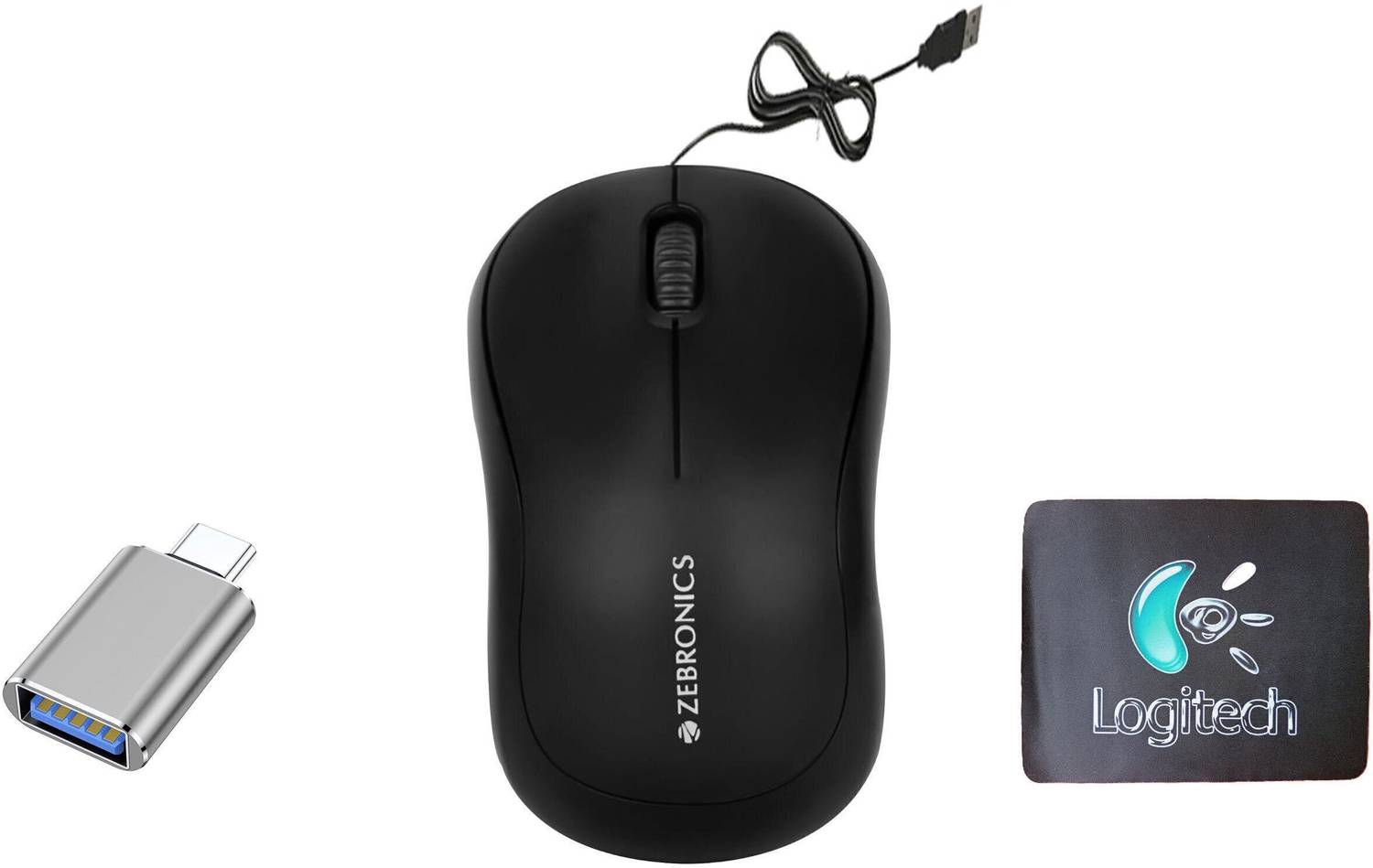 ZEBRONICS Wired Mouse, Mouse Pad, C-OTG (Pack of 3) Combo Set