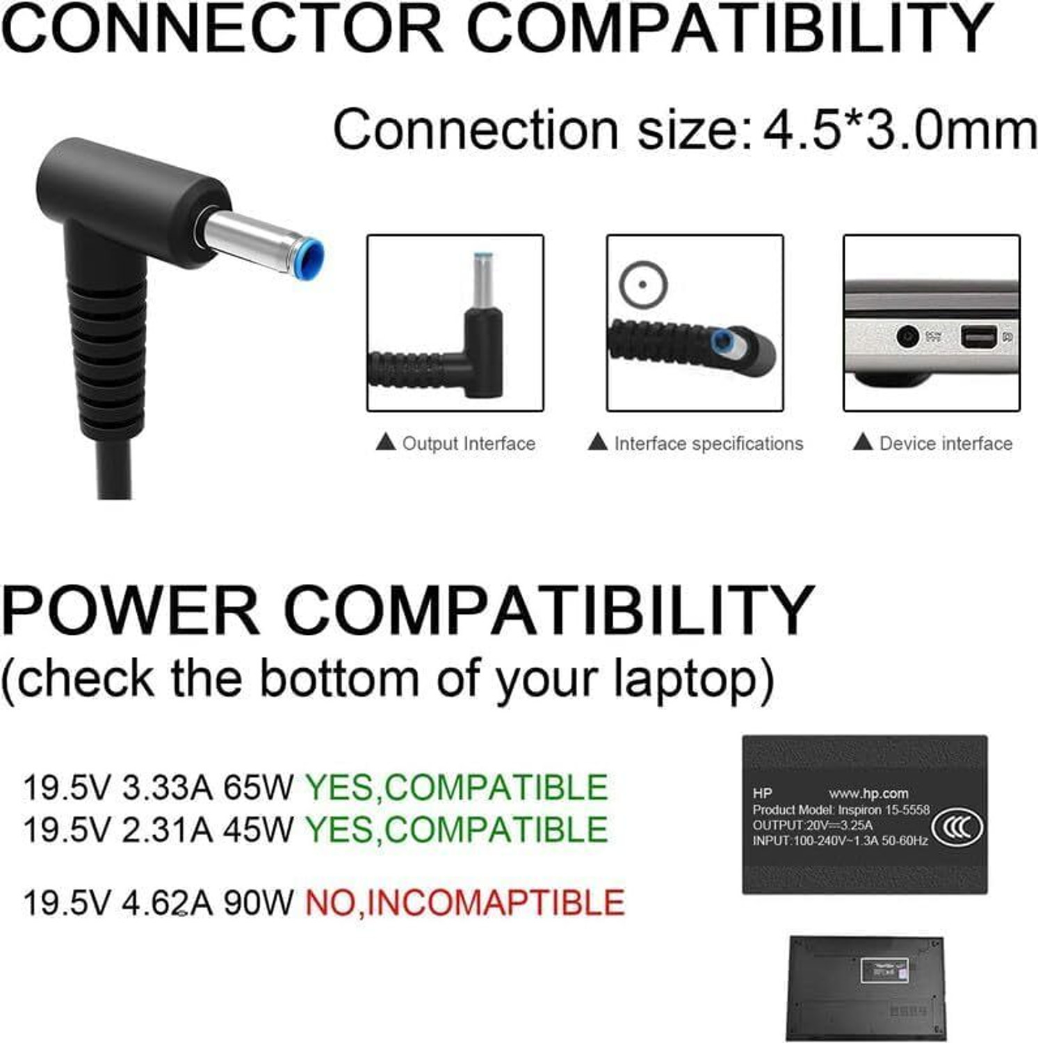 Image of HP 65W Original Laptop Adapter 4.5mm Blue Pin Fast Charger with Cable 65 W Adapter