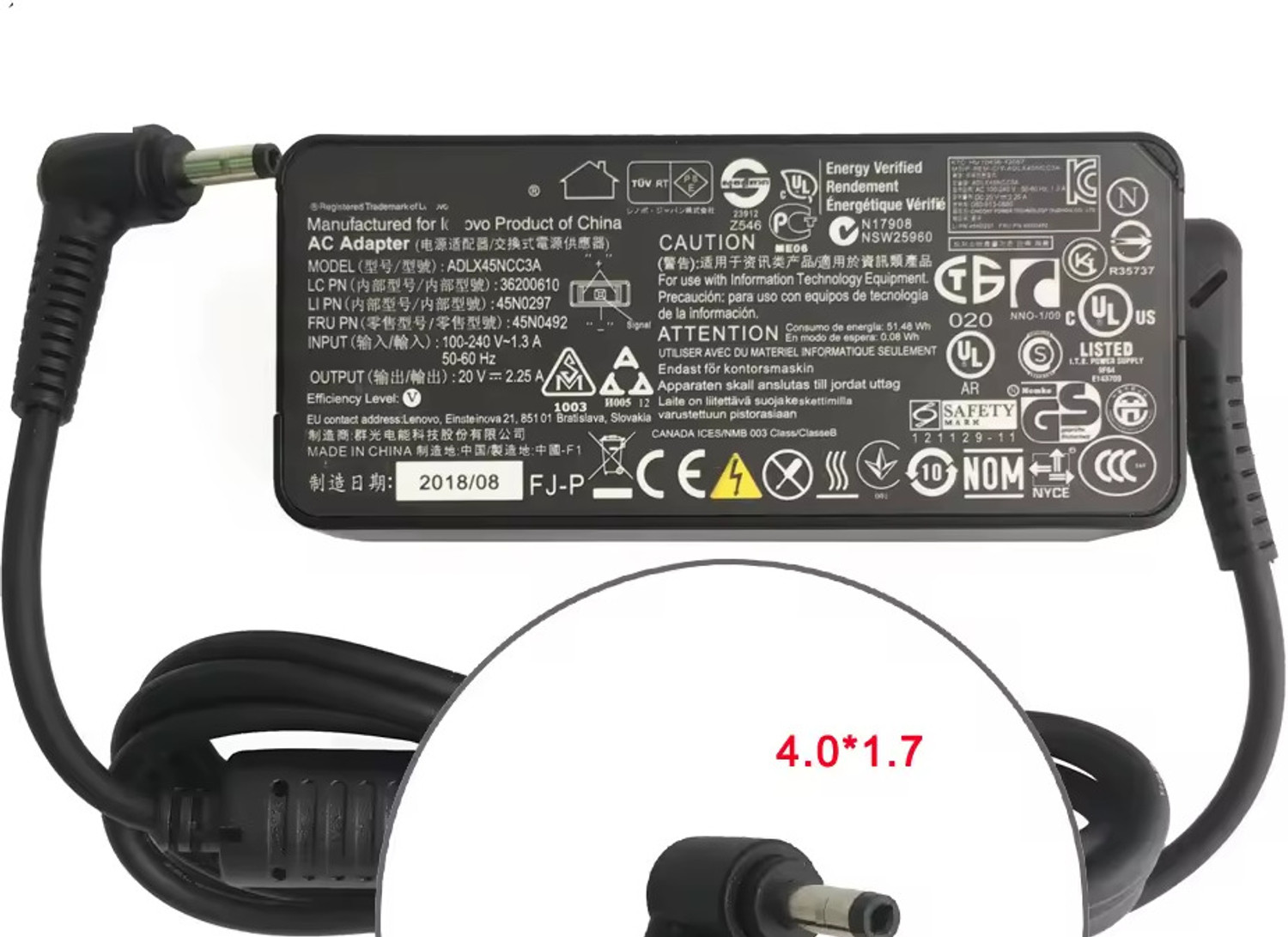 Image of Lenovo 20V 2.25A Laptop Charger (45W) with 4.0x1.7mm Connector 45 W Adapter
