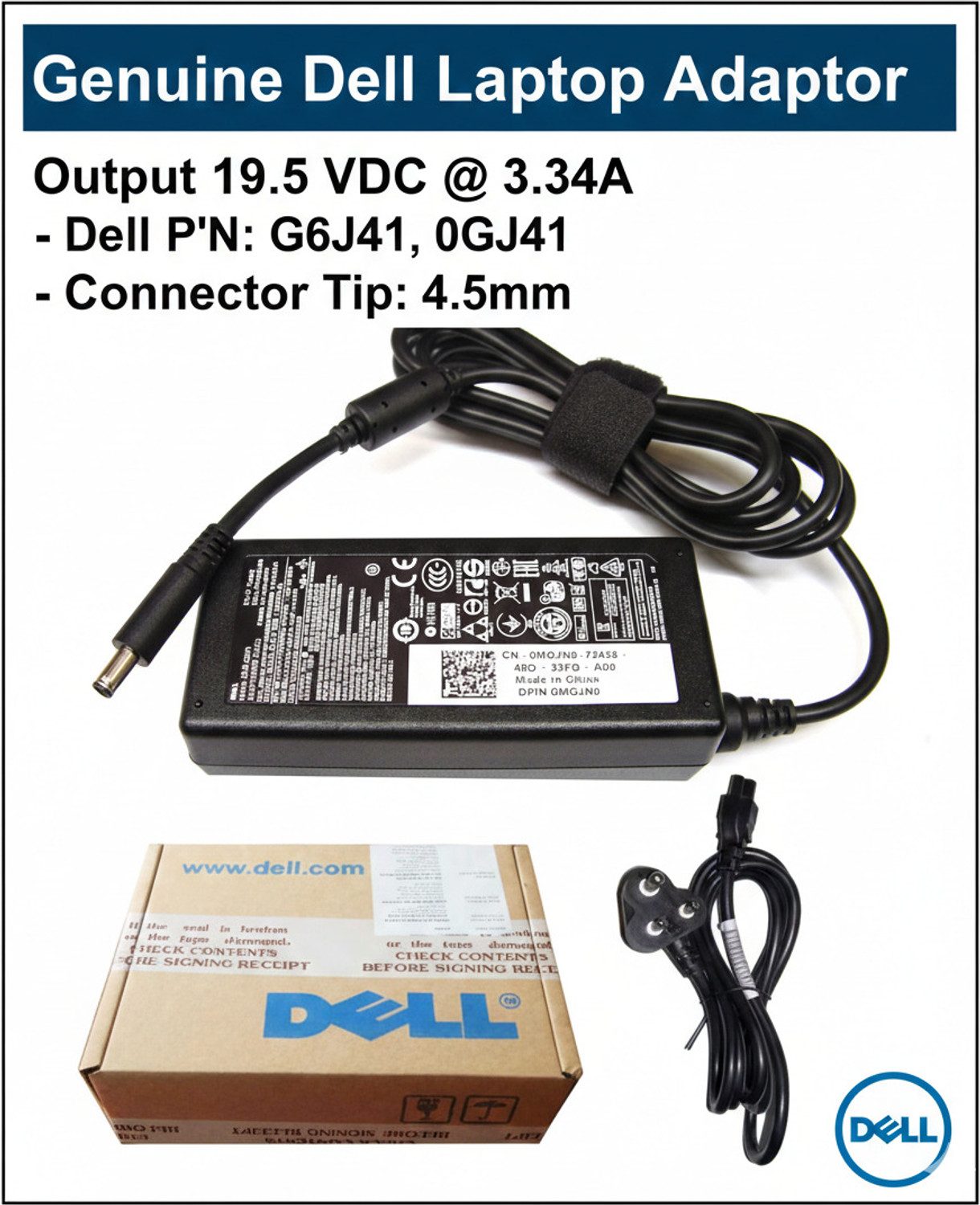 Image of DELL Original Laptop Adaptor for Latitude 3410, 3510, 3520, 3320, 3420, 65 W Adapter