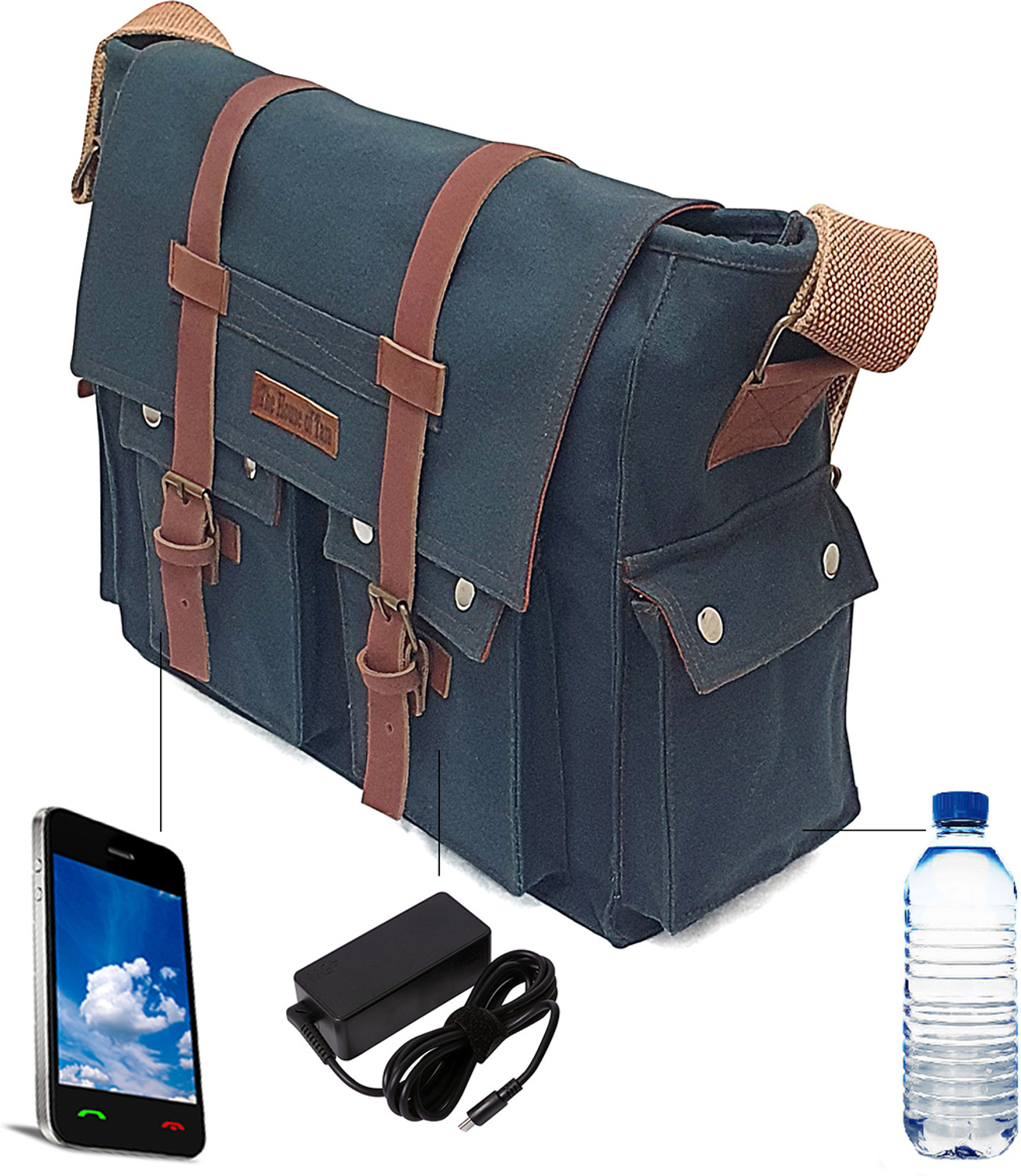 Image of The House of Tara 15 inch Leather Accented Canvas Laptop Messenger Bag (Blue)