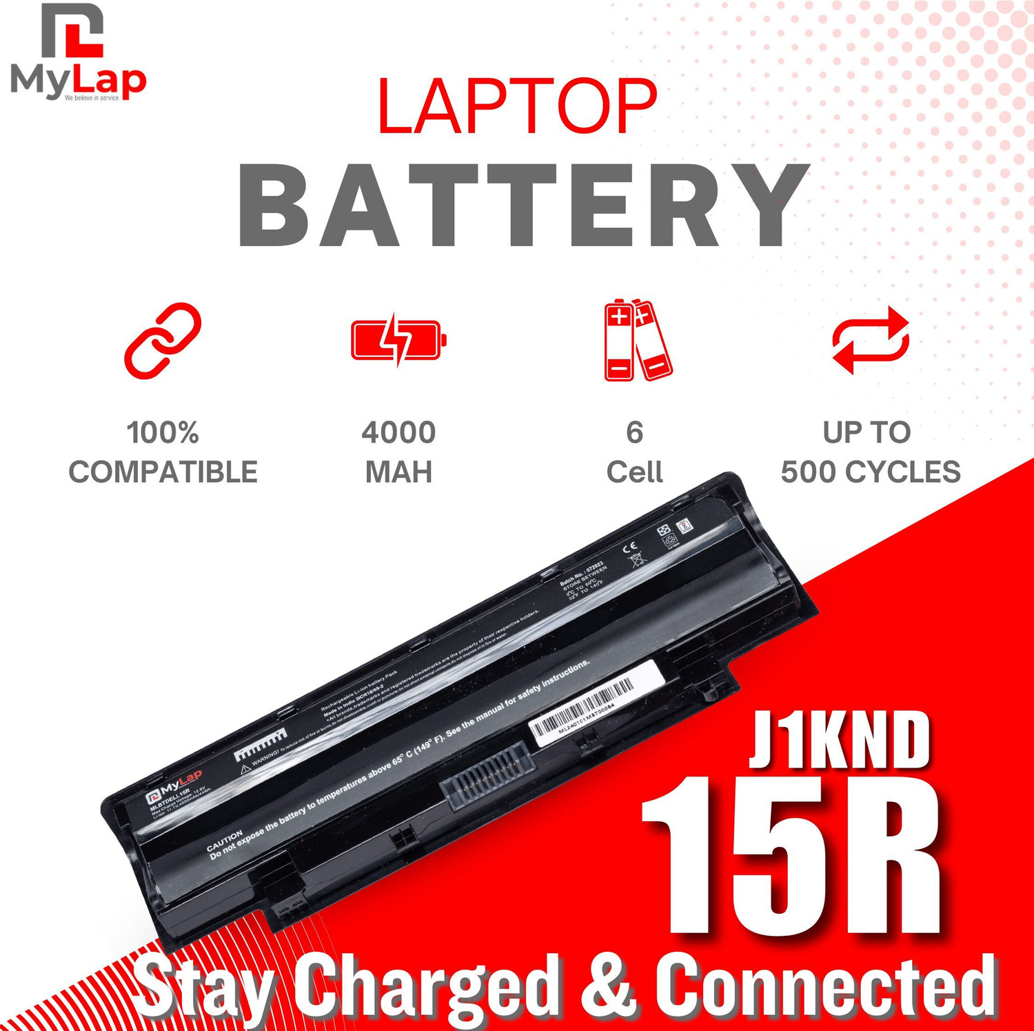 Image of mylap BIS Certified Rechargeable J1KND Laptop Battery for Dell Inspiron N4010, N5110, N5010 Vostro 1440, 1450, 1540, 2520, 1550, 3450, 3550, 3750- (Black) 6 Cell Laptop Battery