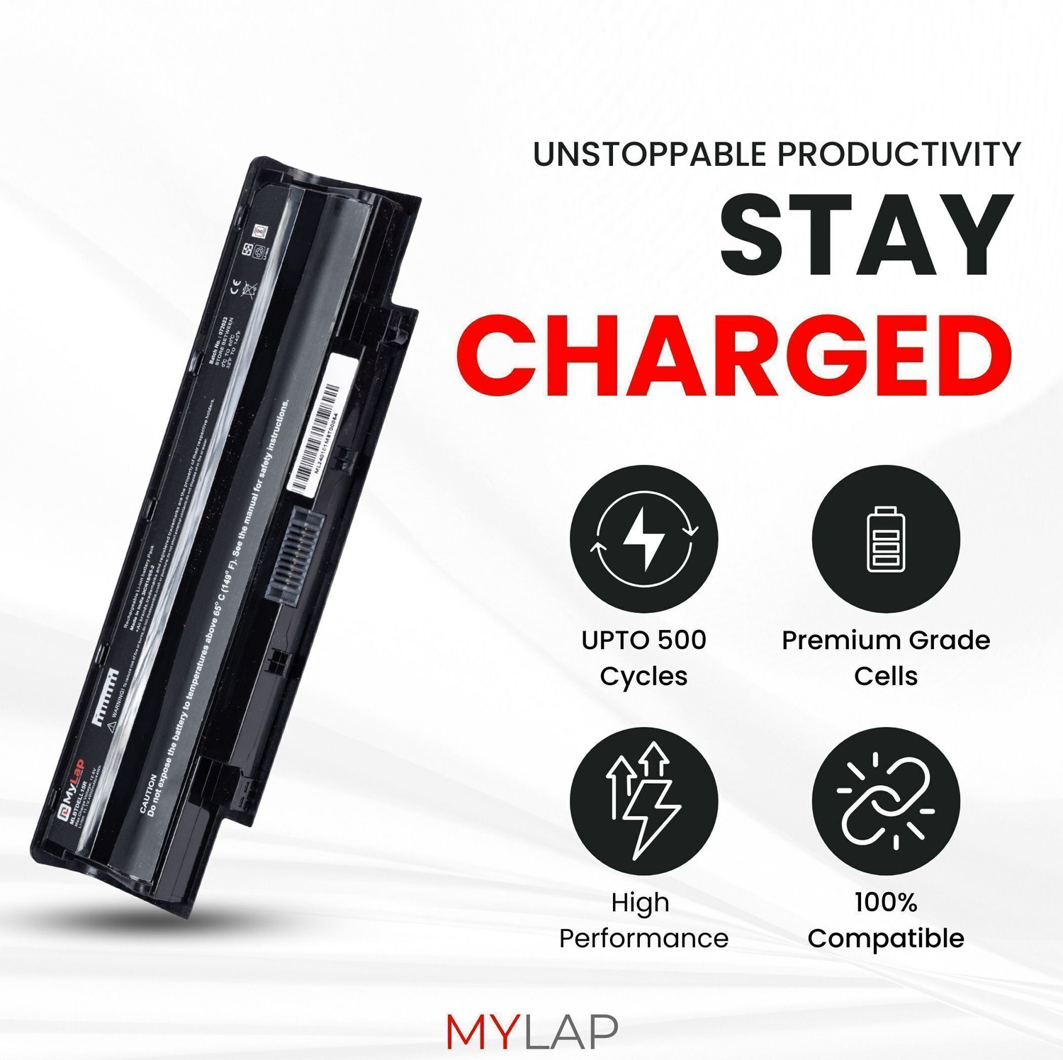 Image of mylap BIS Certified Rechargeable J1KND Laptop Battery for Dell Inspiron N4010, N5110, N5010 Vostro 1440, 1450, 1540, 2520, 1550, 3450, 3550, 3750- (Black) 6 Cell Laptop Battery