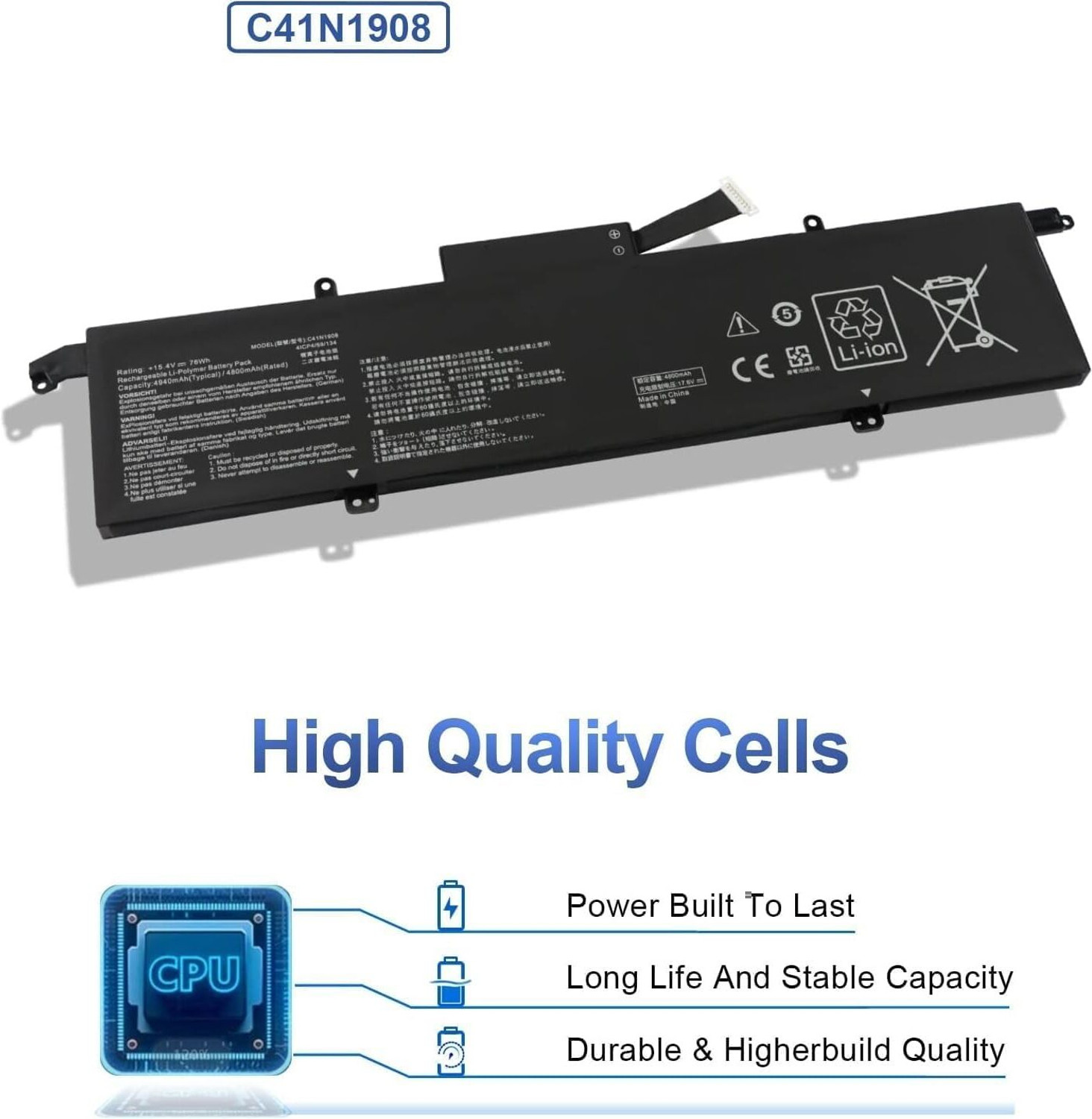 Image of ASUS C41N1908 Laptop Battery for ROG Zephyrus G14 GA401, GA401II, GA401IU, GA401IV, GA401QM, GA401QE Series [15.4V, 76Wh, 4-Cell] 4 Cell Laptop Battery