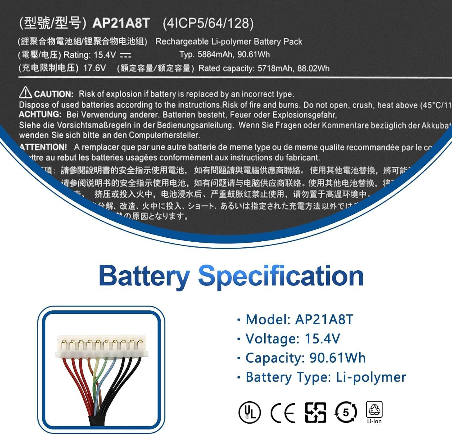 Image of Acer AP21A8T AP21A7T AP21A5T Original Laptop Battery for Predator Helios 300, Helios 16, Helios 18, Nitro 5 AN517-55, Nitro 16, Nitro 17 | 15.4V 90.61Wh 4-Cell Li-Polymer Rechargeable Battery 4 Cell Laptop Battery