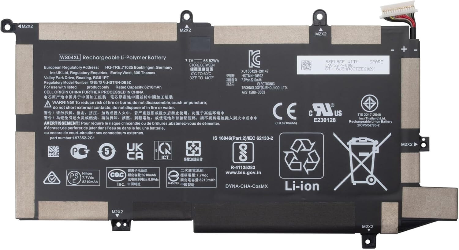 Image of SOLUTIONS-365 WS04XL Laptop Battery Compatible with HP Spectre x360 14-EA and 14T-EA Series | 7.7V, 8210mAh, 66.52Wh Li-Polymer | 4-Cell Replacement | WS04066XL, HSTNN-DB9Z, L97352-2D1, L97357-005 4 Cell Laptop Battery