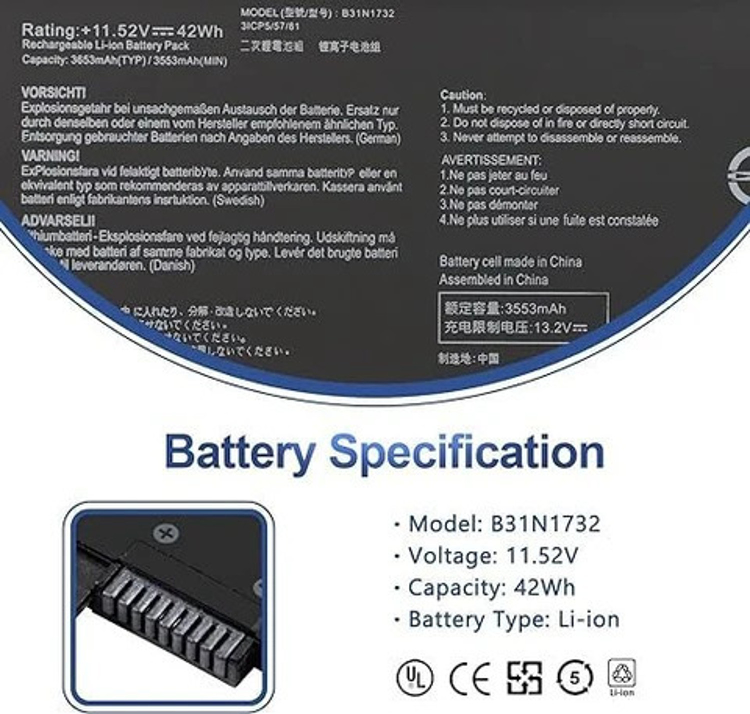 Image of ASUS B31N1732 | VivoBook S14 S430FA S430FN S430UA X430FA X571GT K571GT (11.52V / 42Wh / 3653mAh, 3-Cell Li-Polymer) 3 Cell Laptop Battery