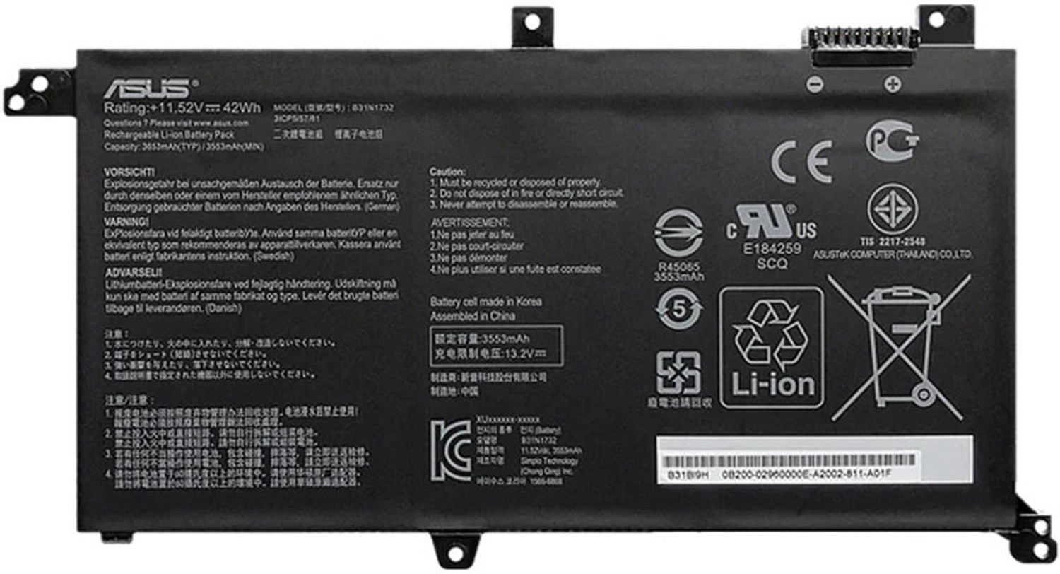 Image of ASUS B31N1732 | VivoBook S14 S430FA S430FN S430UA X430FA X571GT K571GT (11.52V / 42Wh / 3653mAh, 3-Cell Li-Polymer) 3 Cell Laptop Battery