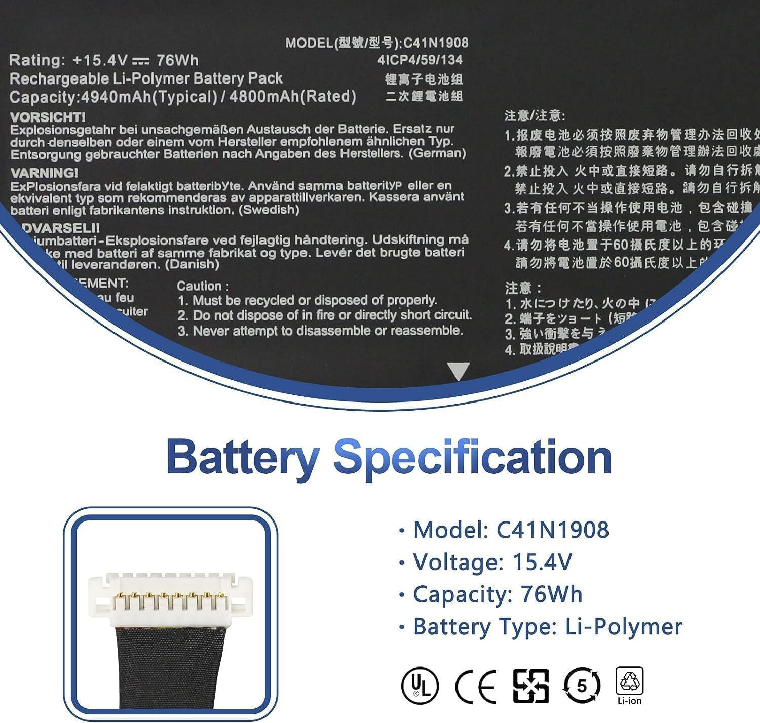 Image of ASUS C41N1908 Laptop Battery for ROG Zephyrus G14 GA401, GA401II, GA401IU, GA401IV, GA401QM, GA401QE Series [15.4V, 76Wh, 4-Cell] 4 Cell Laptop Battery