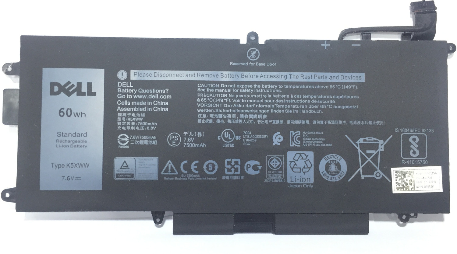 Image of DELL K5XWW Latitude 13 7389 Latitude 7390 2-in-1 Latitude 12 5000 5289 2-in-1 L3180 E5289 P29S001 P29S002 Series 6CYH6 725KY N18GG 451-BBZC CFX97 6 Cell Laptop Battery