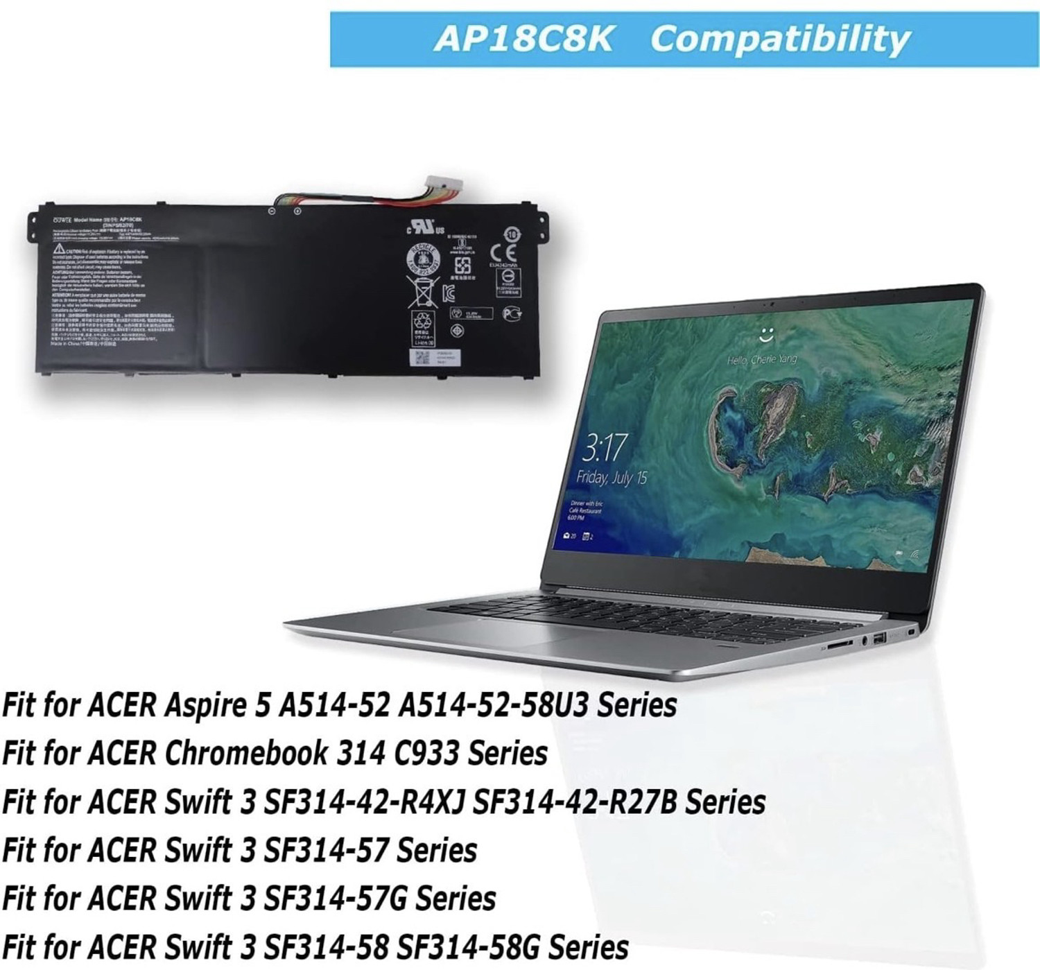 Image of HEIGER AP18C8K Laptop Battery Compatible for Acer Aspire 5 A514-54 A514-54G A515-56 A515-56G A515-56T A514-52 CB314-1h-c2kx CB315-3H A514-52K-36GL SF314-58 Series 3INP5 /82 /70 11.25V 50.29Wh 4471mAh 4-Cell 4 Cell Laptop Battery