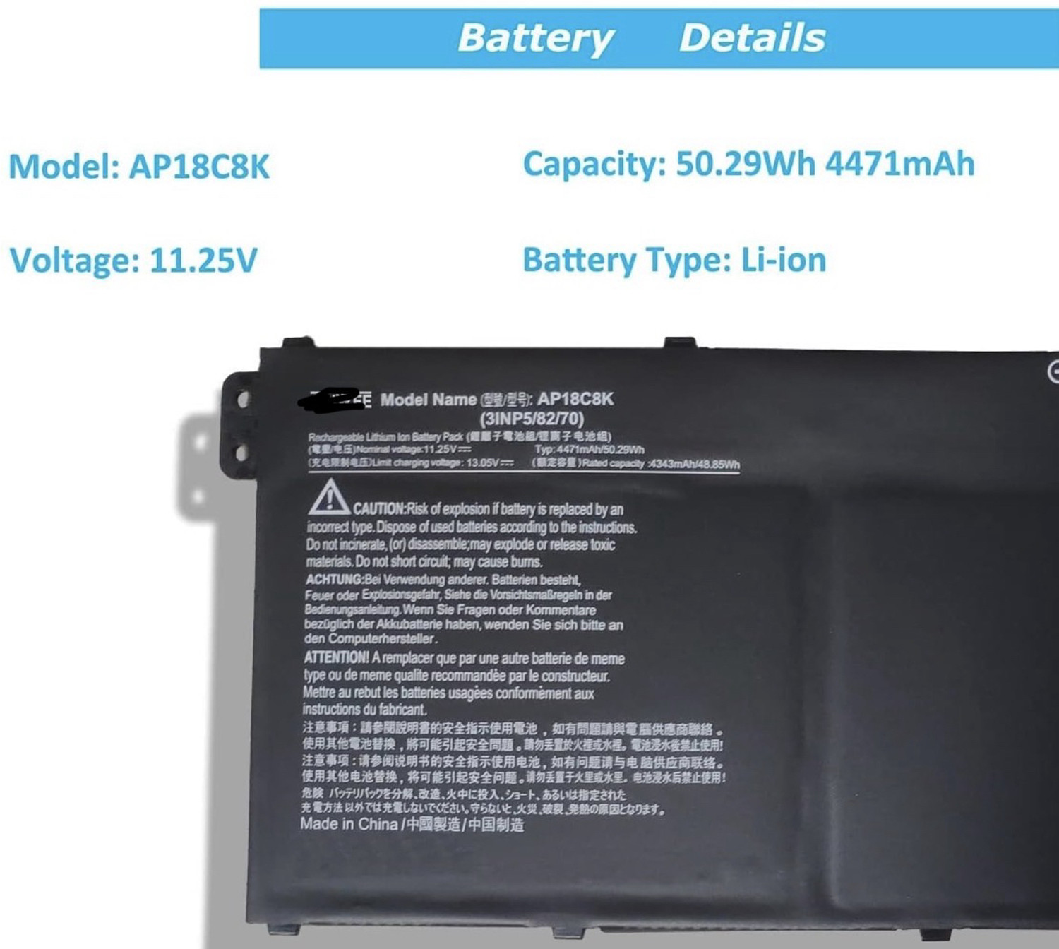 Image of HEIGER AP18C8K Laptop Battery Compatible for Acer Aspire 5 A514-54 A514-54G A515-56 A515-56G A515-56T A514-52 CB314-1h-c2kx CB315-3H A514-52K-36GL SF314-58 Series 3INP5 /82 /70 11.25V 50.29Wh 4471mAh 4-Cell 4 Cell Laptop Battery