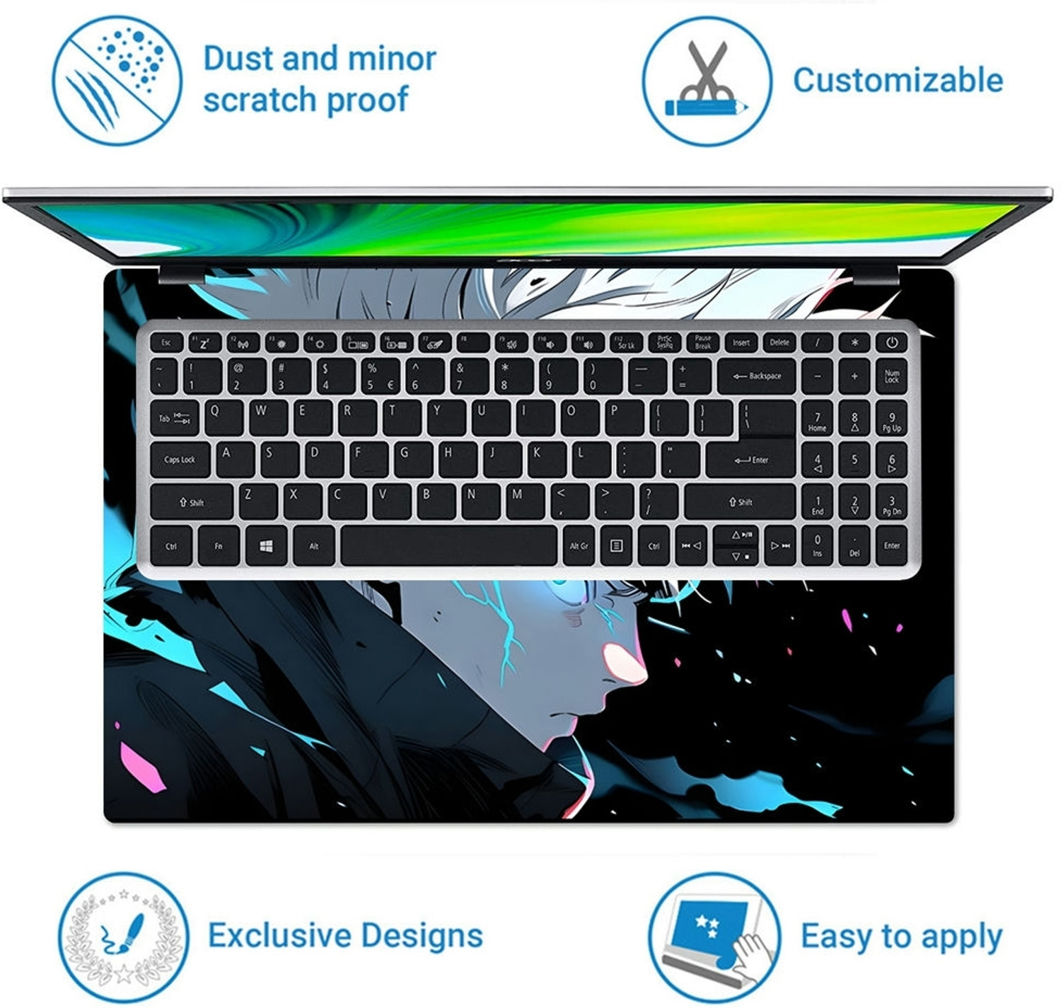 Image of Flipkart SmartBuy Full Body Laptop Skin Sticker - Satoru Gojo Acid Blue Eyes Jujutsu Kaisen Self Adhesive Vinyl Laptop Skin Compatible for 15.6 inch
