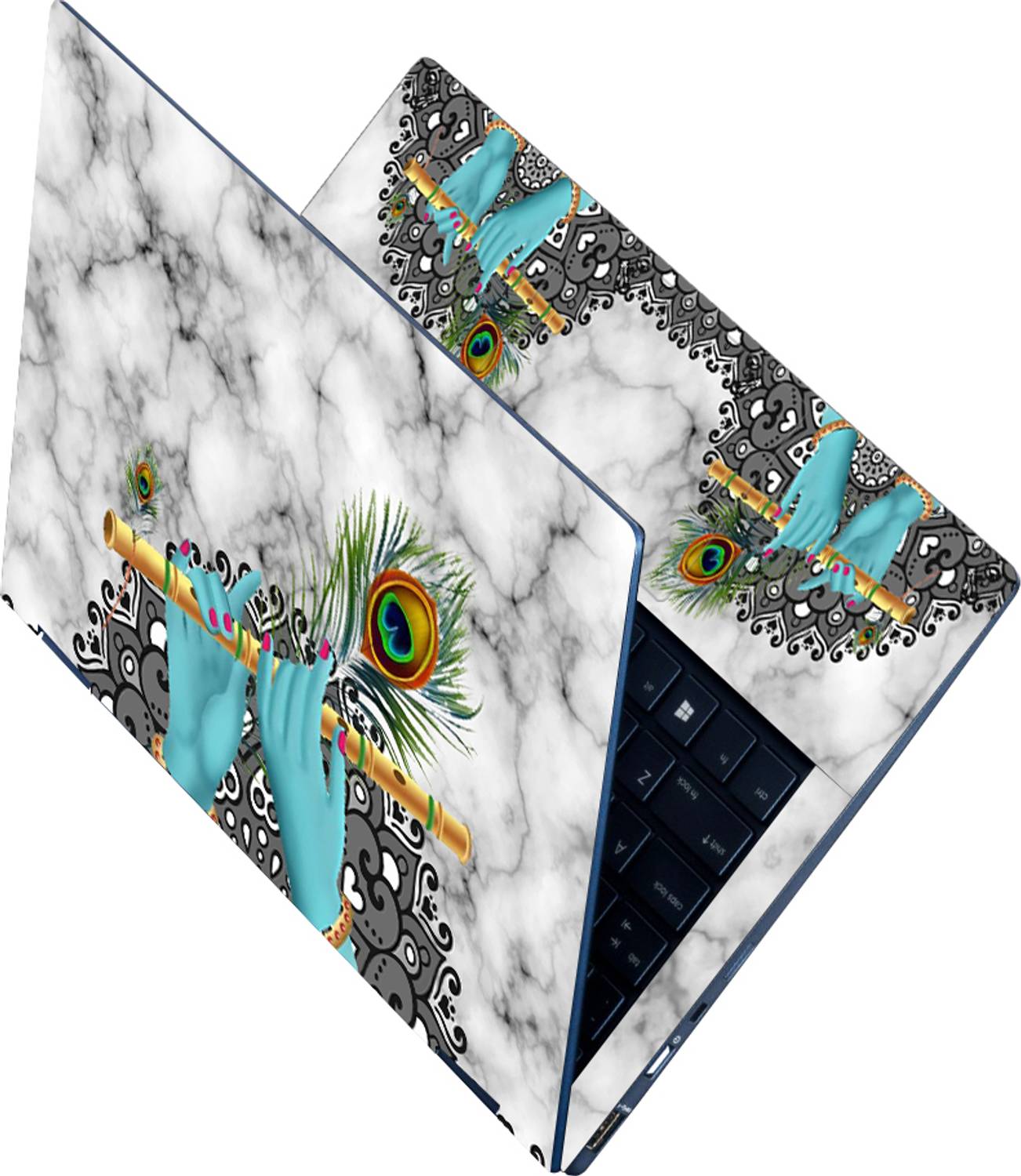Anweshas Full Body Laptop Skin Sticker - Golden Flute in Krishnas Hand Blue_Uv Self Adhesive Vinyl Reusable Laptop Skin Compatible for 15.6 inch
