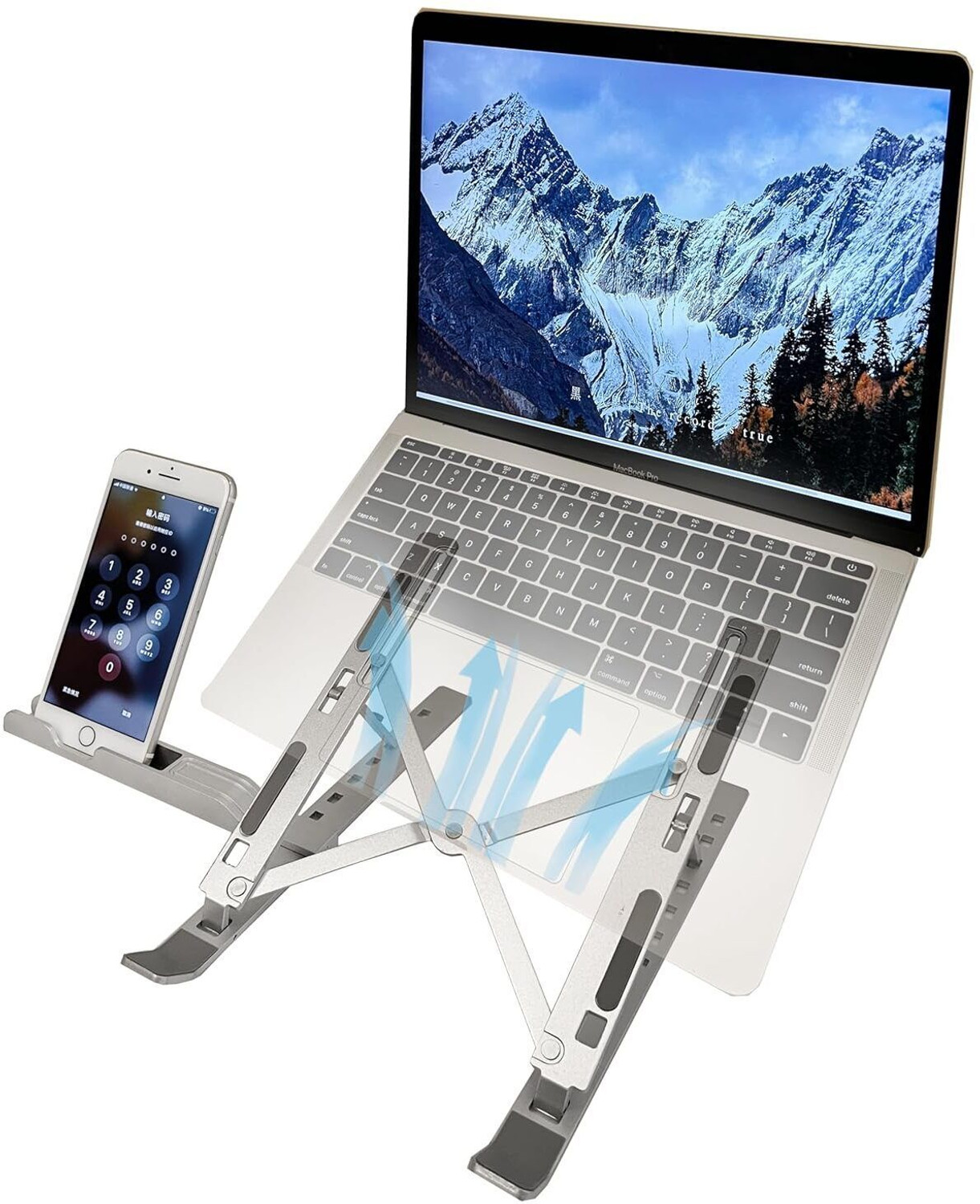 Image of TARKAN 2 in 1 Portable & Foldable Laptop Stand + Mobile Stand Aluminium Desk Stand Laptop Stand with Adjustable Height Compatible with Universal Laptops