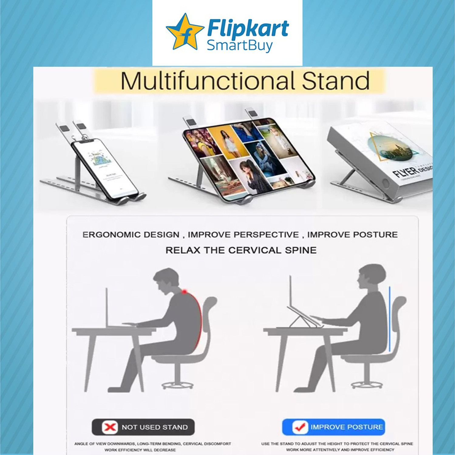 Image of Flipkart SmartBuy Laptop Stand 7 Angles Adjustable Aluminum Portable Desktop Holder Aluminium Desk Stand Laptop Stand with Adjustable Height Compatible with Universal Laptops