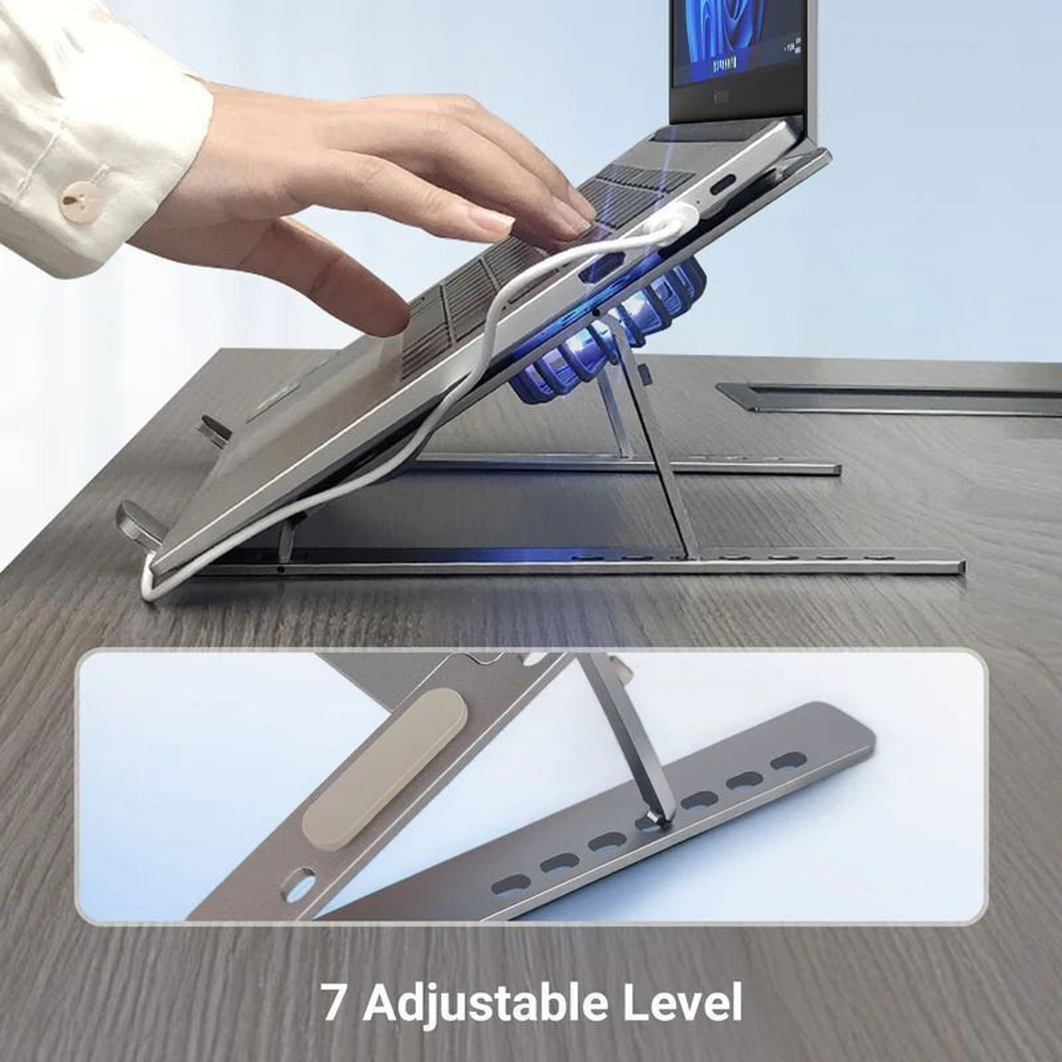 Image of ZEBRONICS ZEB-NS6000 Laptop Stand Steel Desk Stand Laptop Stand with Adjustable Height with Speed Controller and 7 Adjustable Levels - Compatible with 40 - 44cm Laptops