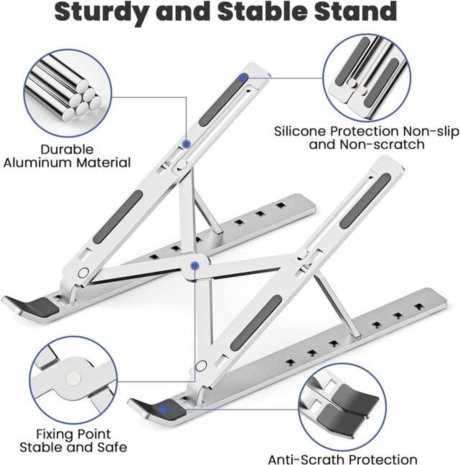 Image of Vinishq Portable Foldable Aluminum Laptop Stand with Detachable USB Cooling Fan Adjustable Height & Angle Notebook Holder Aluminium Floor and Desk Stand Laptop Stand with Adjustable Height Compatible with Universal Laptops